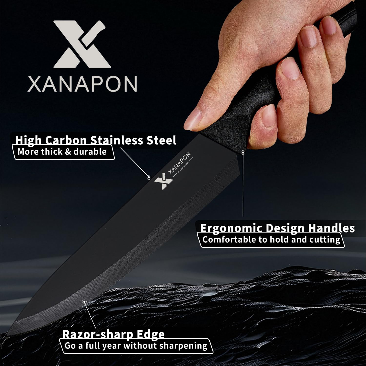 XANAPON 19-Piece Black Kitchen Knife Set with Block and Built-in Sharpener, High Carbon Stainless Steel Chef Knives Set for Kitchen with 8 Steak Knives, Ergonomic Handles, Perfect Housewarming Gift
