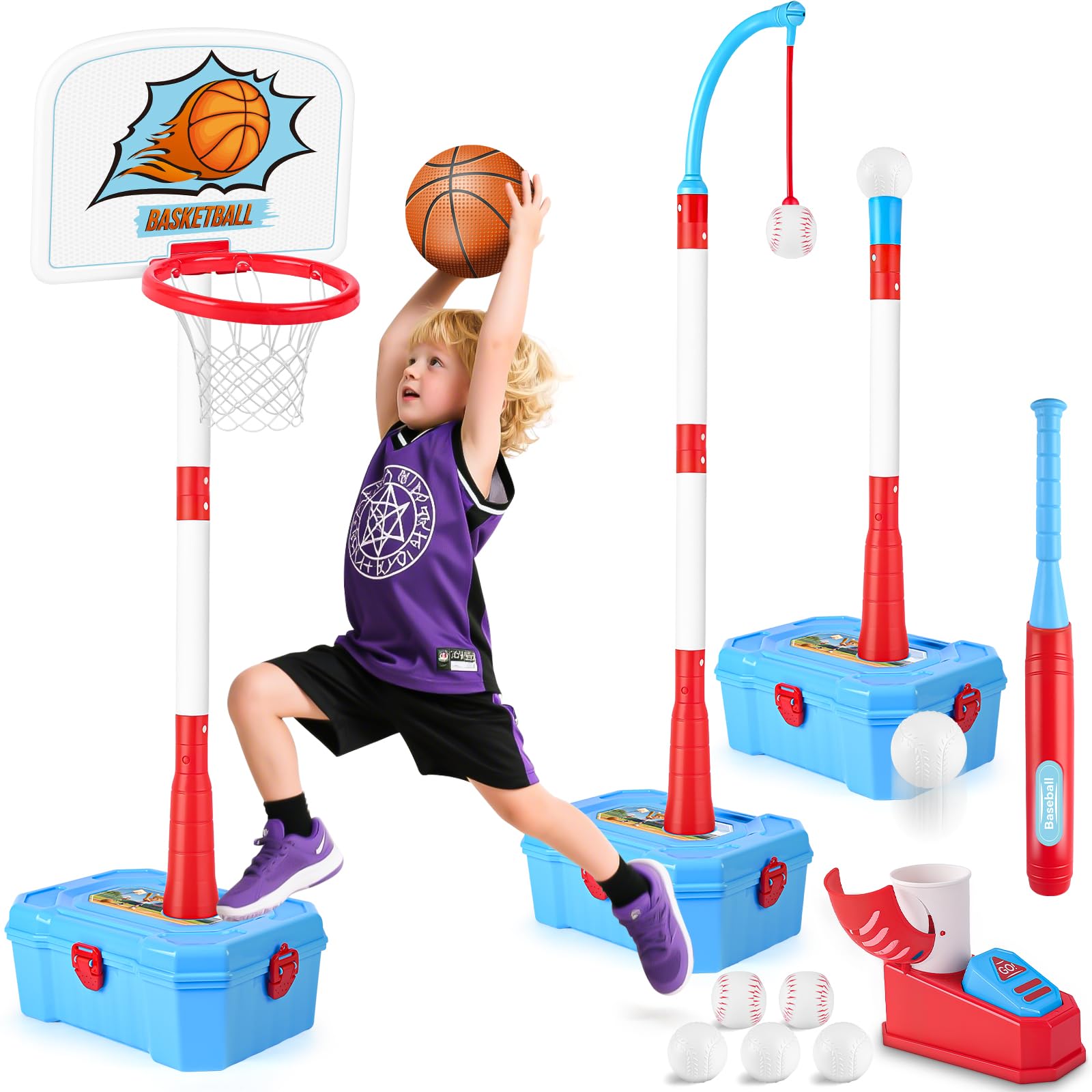 CINDYNAL 4-in-1 Toddler Basketball Hoop & Tee Ball Set,Adjustable Height Kids Basketball Hoop with Automatic Pitch -Kids Outdoor Sport Birthday