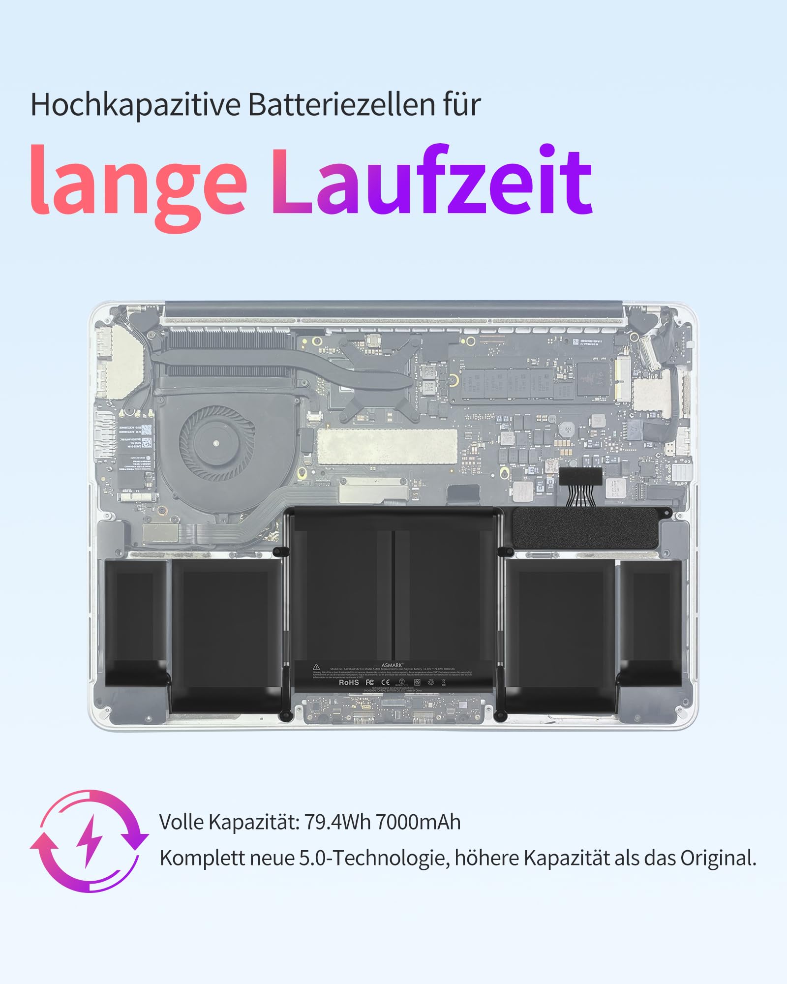 ASMARK MacBook Pro A1502 Akku für 13-Zoll (Anfang 2015, Mitte 2014, Ende 2013) Retina Batterie A1493/1582 Laptop Battery