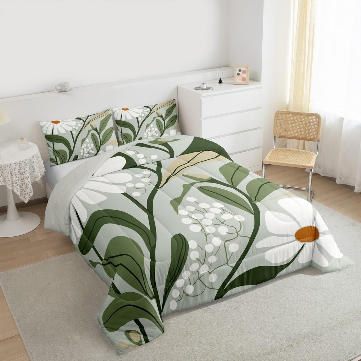 Erosebridal Boho Sage Green Queen Comforter Set, Abstract Geometric Floral Bedding Set for Women Kids Adults Teens Bedroom, Retro Boho Botanical Leaves Comforter, Mid Century Modern Quilt