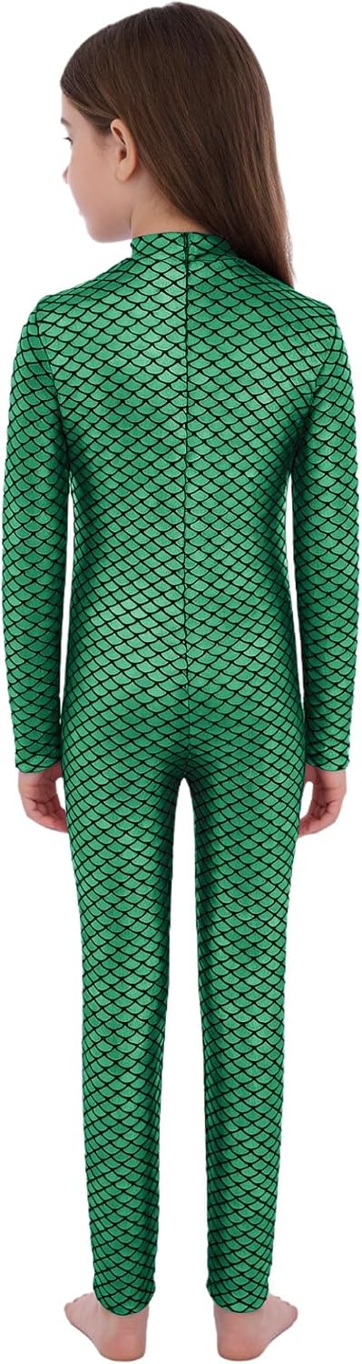 Kids Girls Metallic Fish Scale Unitard Long Sleeve Gymnastics Leotard Dance One Piece Full Body Skating Jumpsuit