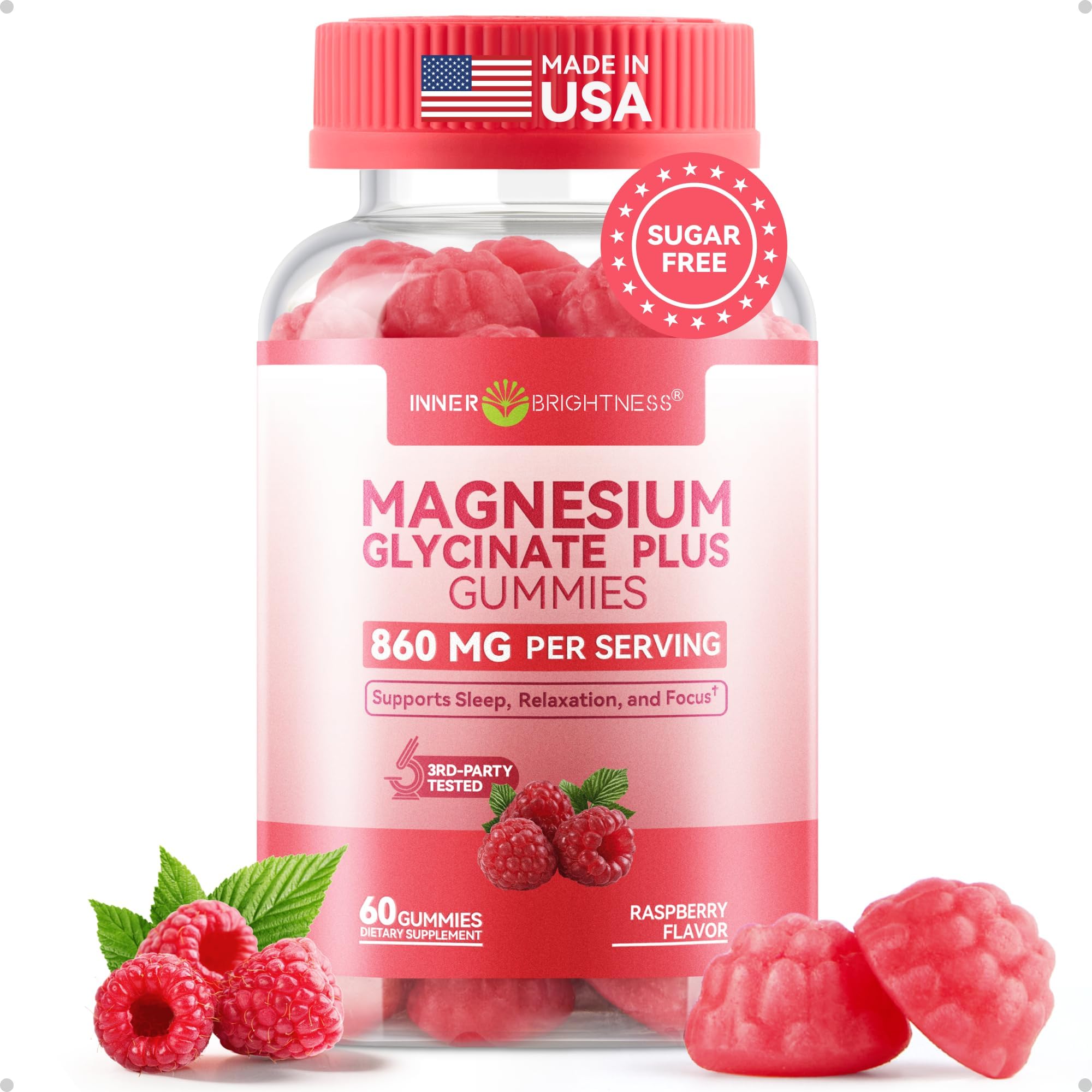 Magnesium Glycinate Plus Gummies 860mg, Sugar‑Free, Adults & Kids 4+ Raspberry(1 Pack)