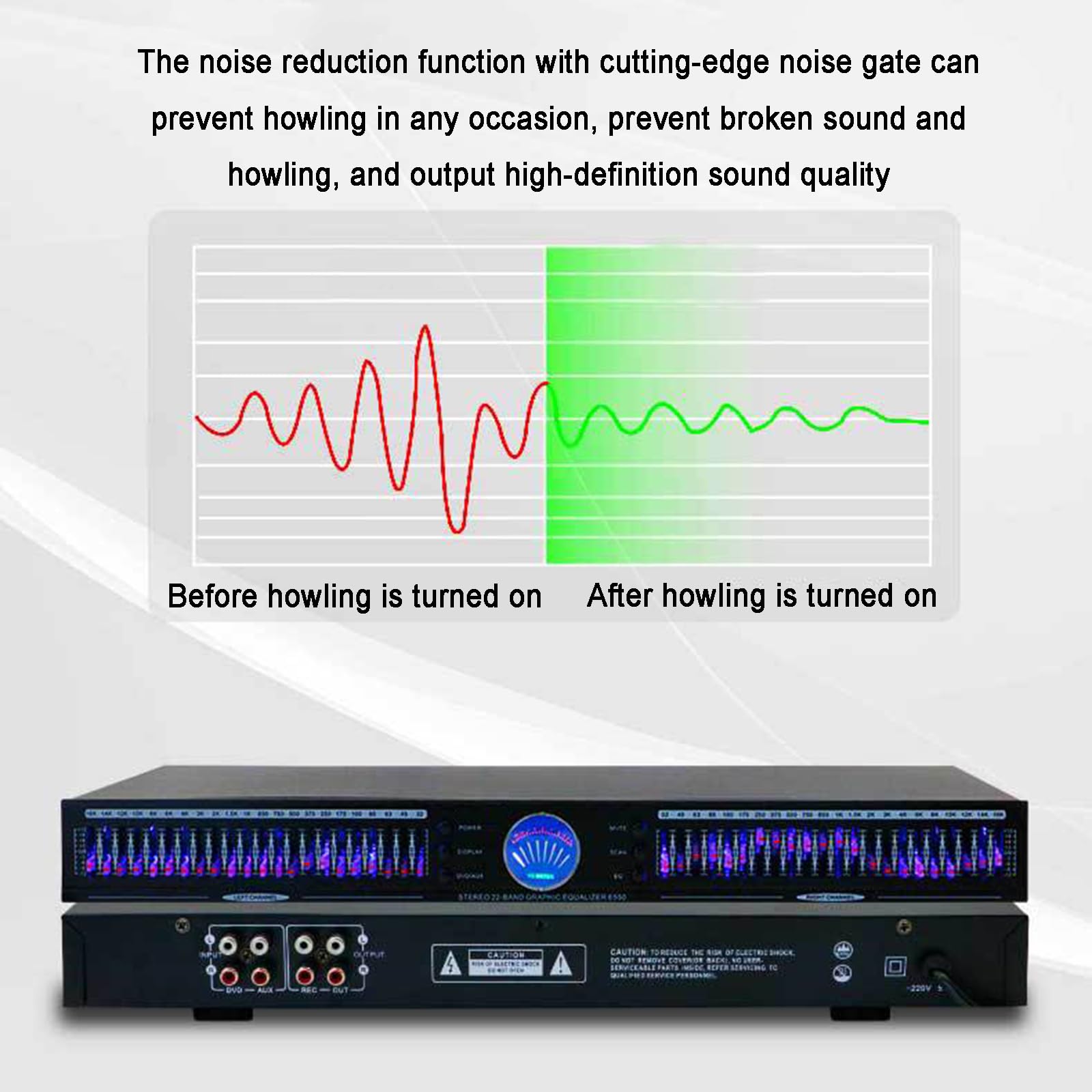 Égaliseur Audio 22 Bandes, Égaliseur Graphique Stéréo, Montage en Rack 1U À Deux Canaux, avec 10 Effets Prédéfinis, Réduction Automatique du Bruit