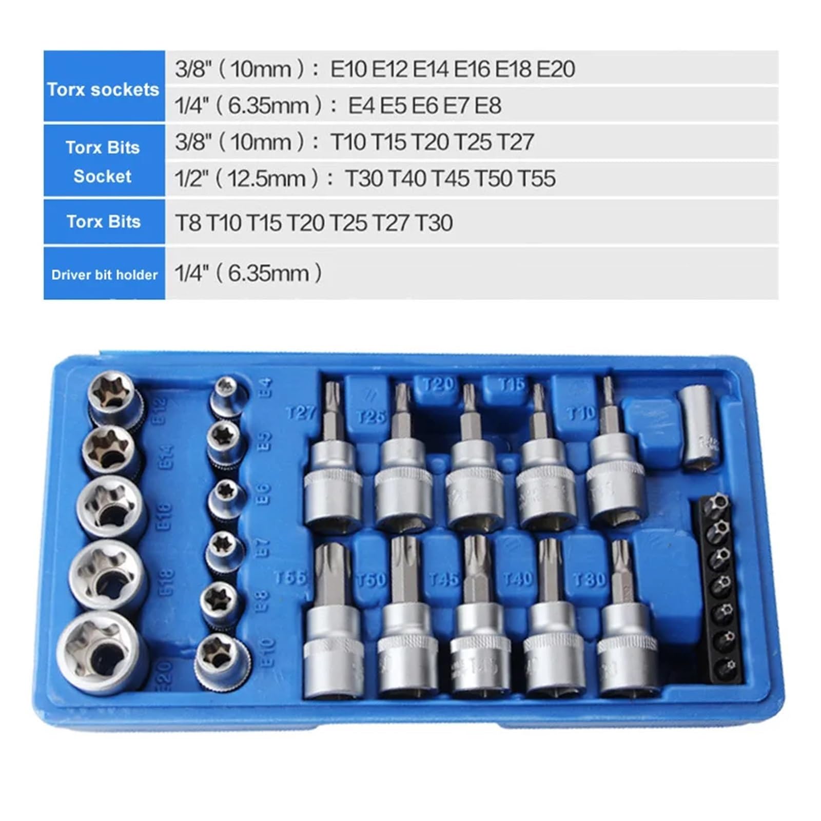 Zestaw nasadek Torx Star Bit 1/4 "3/8" 1/2 "męski żeński sterownik E Torx Star Bit chromowo-wanadowy jasny chrom (Color : 29PCS)