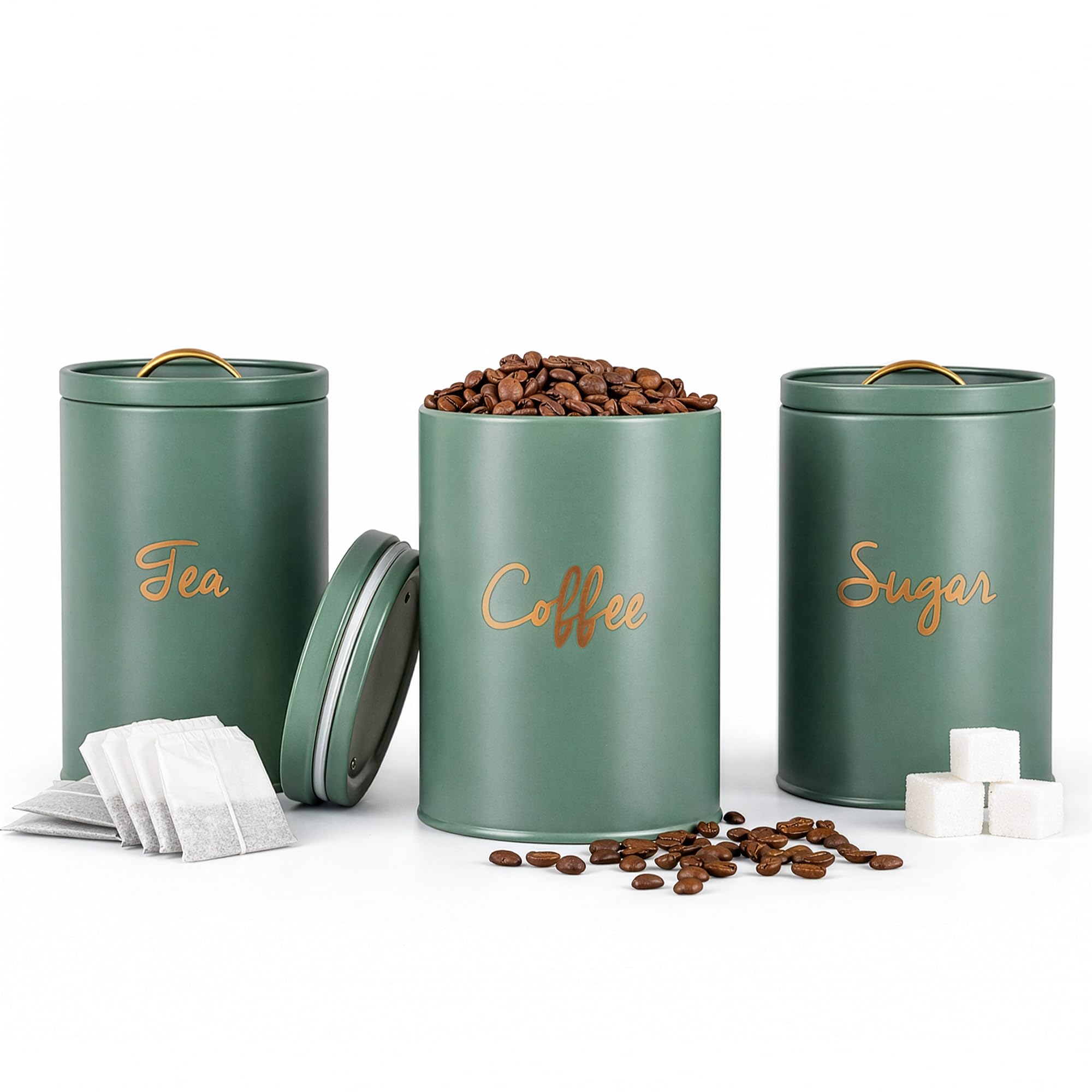 Winsome Green Tea Coffee And Sugar Canisters Set | Kitchen Storage Set (3 Pcs) With Silicone Seal | Giftable Canister Sets (Ivy ) For New Homeowners