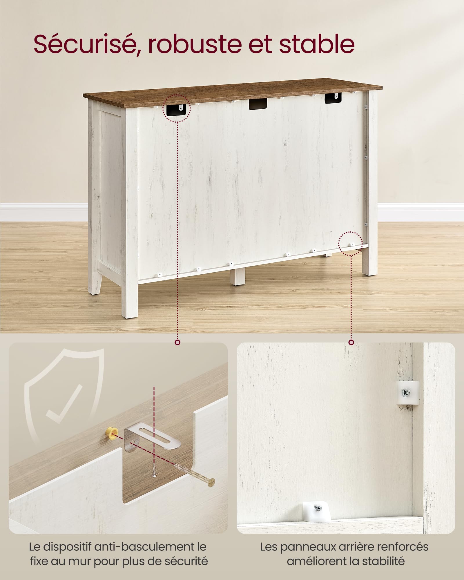 VASAGLE Buffet, Meuble de Rangement avec Tiroir, Meuble de Cuisine, avec Portes, Étagère Réglable, Style Campagne, pour Salon, 40 x 114,5 x 80 cm, Blanc Rustique et Marron Miel BBK371W02V1