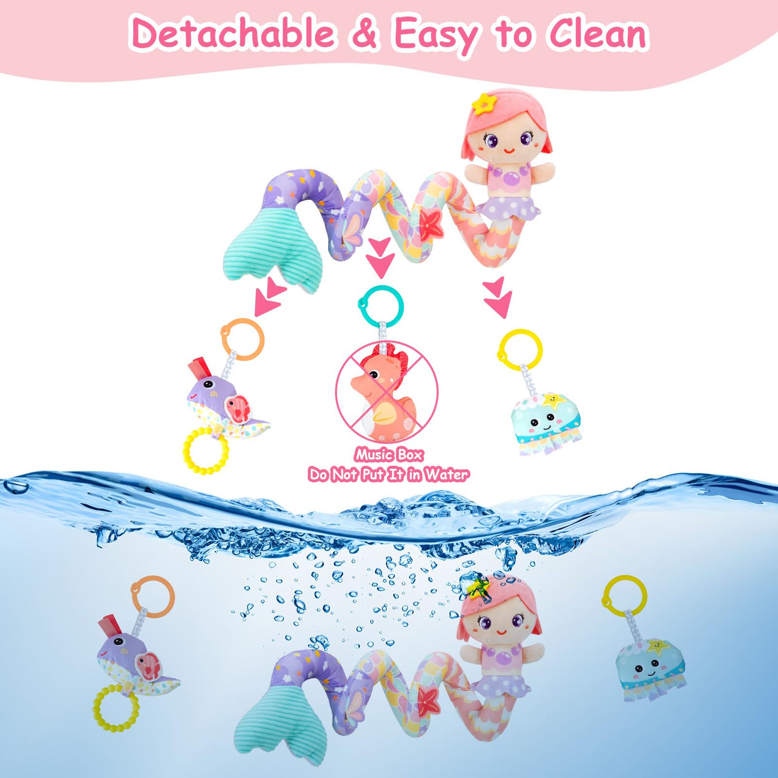 Funsland Giocattolo a Spirale Passeggino Neonato - Giochi Passeggino Neonati Regalo per 0 3 6 Mesi Ragazze, Peluche Giocattolo a Spirale con Musica per Culla Neonato/Seggiolino Auto, Rosa