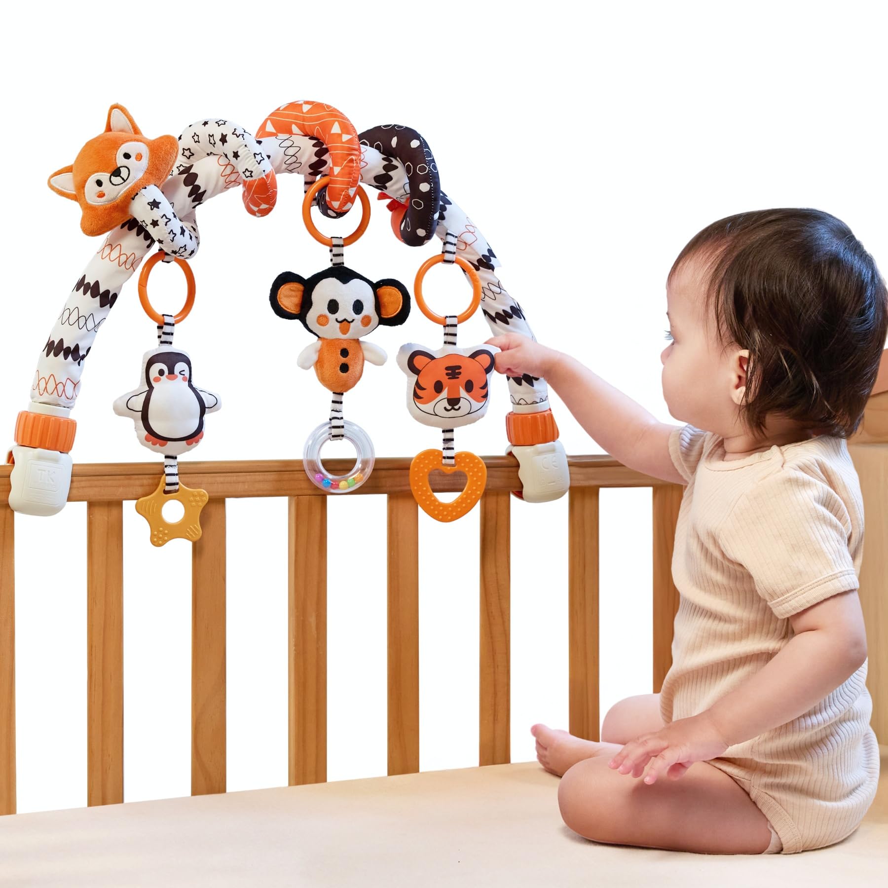 TUMAM 2 en 1 Spirale D'activité Bébé Avec Arche Eveil Jouet Poussette Pour Bebe 0 3 6 9 Mois, Jeux Eveil Suspendre Avec Hochet Et Anneaux De Dentition Pour Auto, Stroller Arch, Berceau, Peluche Cadeau