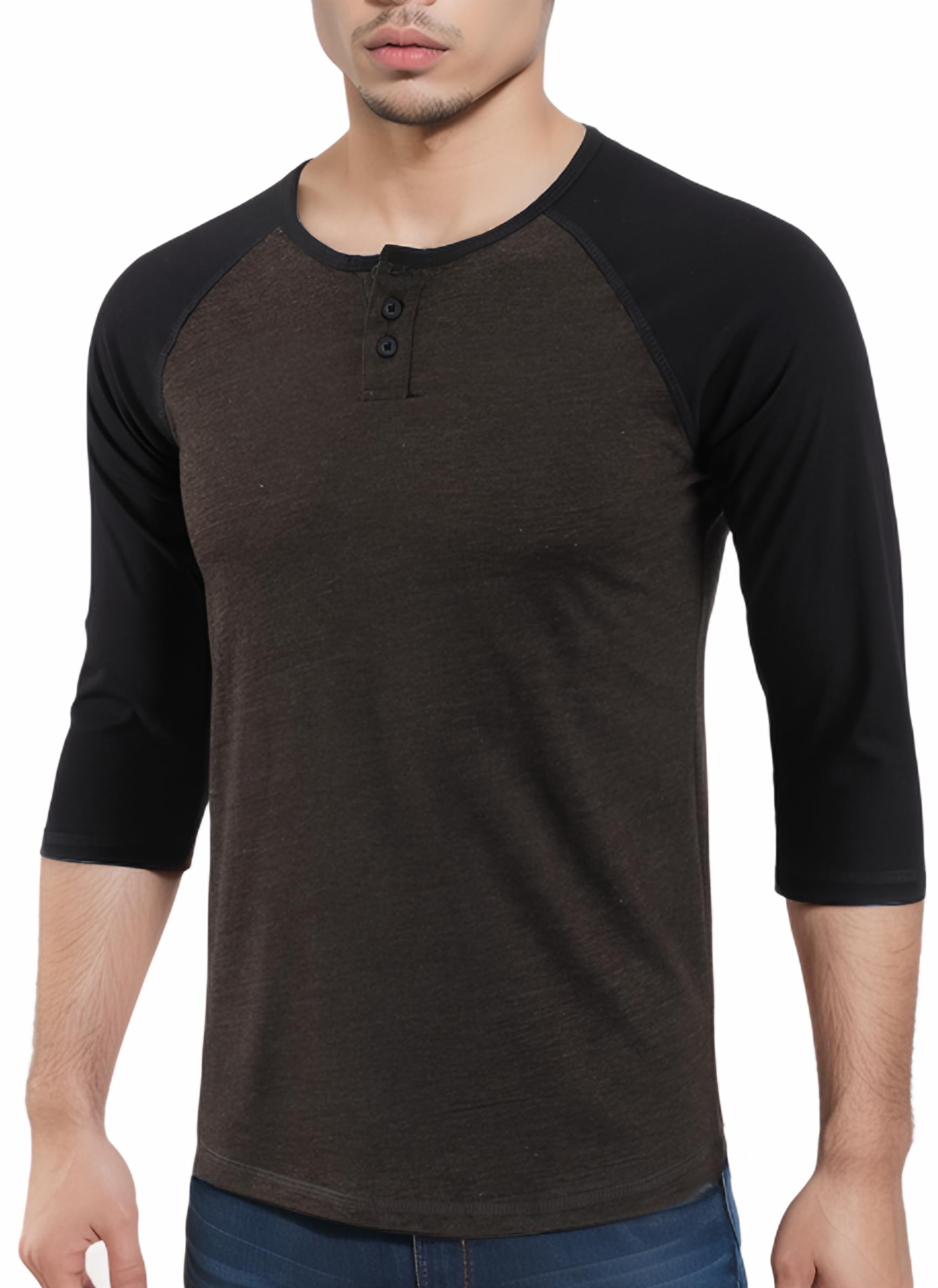 HETHCODEMen's Casual Raglan Fit Soft Baseball 3/4 Sleeve Henley T-Shirts Tee H.Charcoal/Black XL