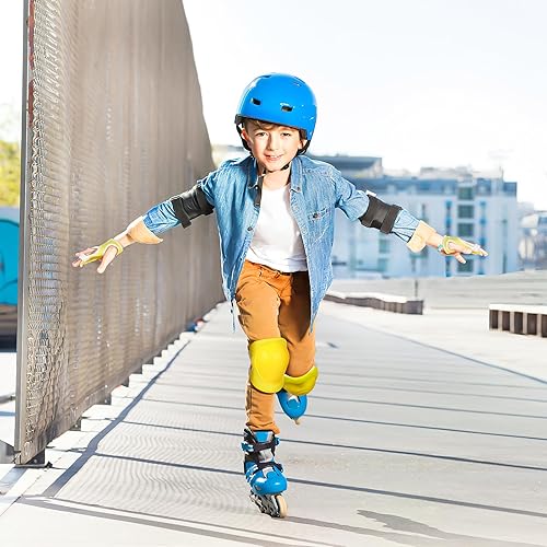 Miniatura 8 de BESPORTBLE Juego de rodilleras para niños, rodilleras 6 en 1 con muñequeras ajustables, protección de seguridad para patinaje, patinaje, patinaje,