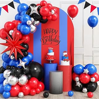 RD 71pcs super theme Blue and Black Happy Birthday Party Decorations for Boys Men Banner Balloons red and sliver and cake topper and arch and glue 71pcs
