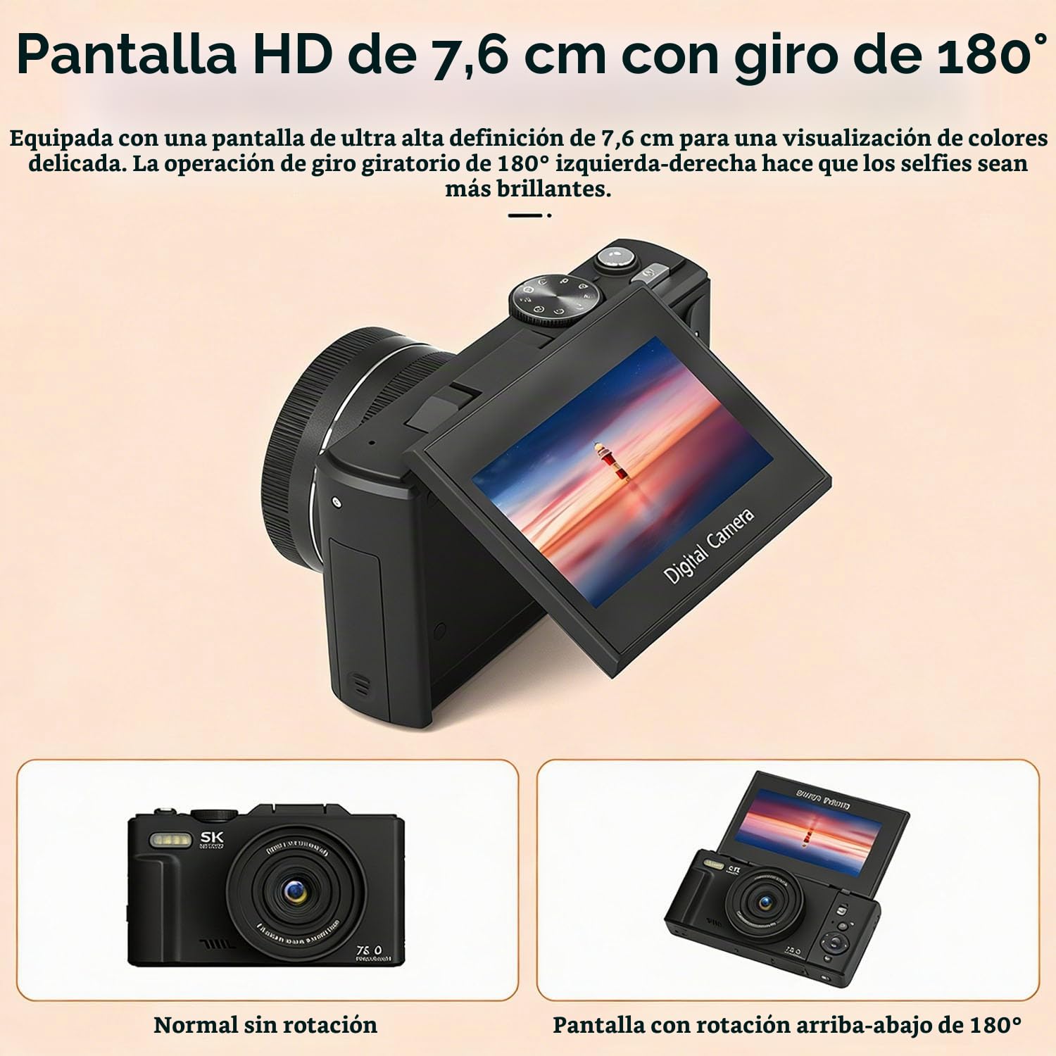 Optinexo 5K Digital Compact Camera, Cámara Digital Compacta 5K con Pantalla Flip y Zoom Digital 16X, Cámara Vlogging Portátil, Cámara de Fotos y Vídeo para Viajes y Creadores (Negro, Sin Tarjeta)