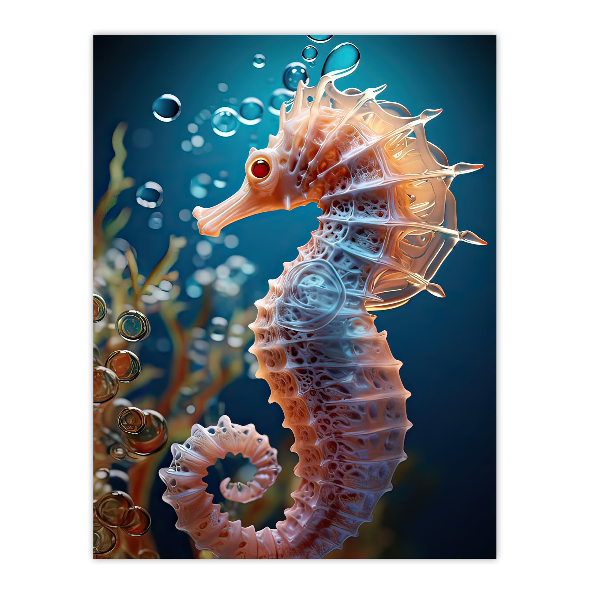 Pink Seahorse Photorealistic Conceptual Painting Poster Print - Artery8 - W24 inch x H32 inch - Blue