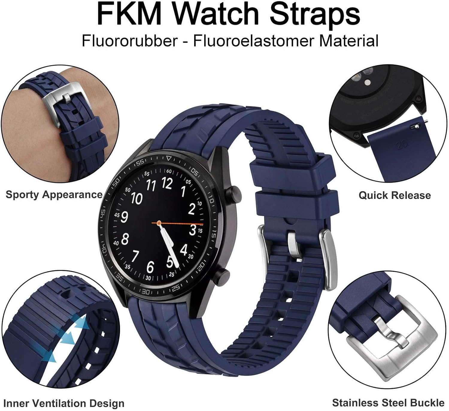 WOCCI Watch Bands, FKM Rubber (Not Silicone), Replacement Straps for Men and Women, Quick Release, Compatible Watch Lug Width 20mm 22mm - Image 4