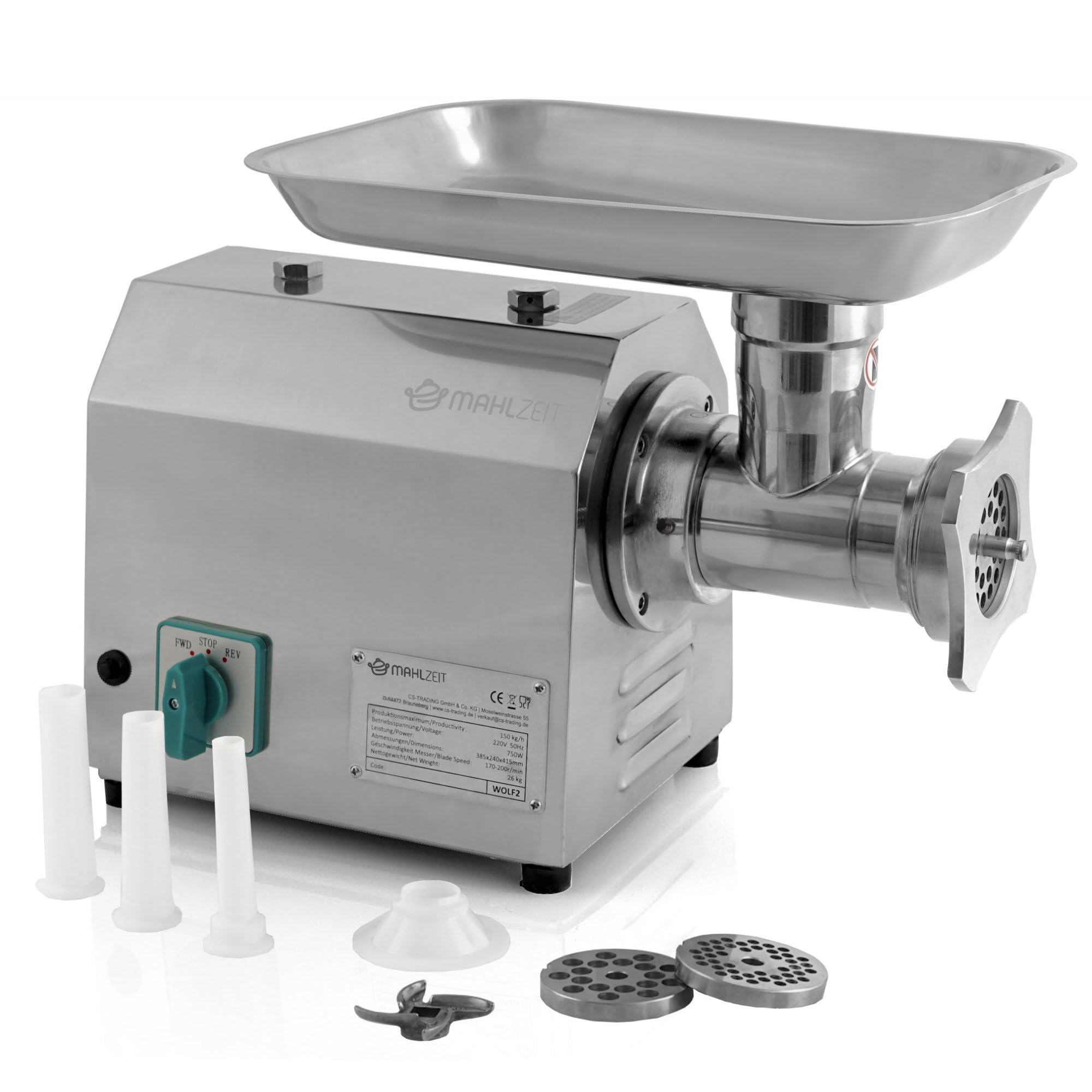 Mahlzeit Picadora Eléctrica de Carne Profesional de Acero Inoxidable | 750 W - 150 kg/h | Máquina para Embutir para Gastronomía | Embutidora | Máquina para Rellenar Salchichas, Picadora