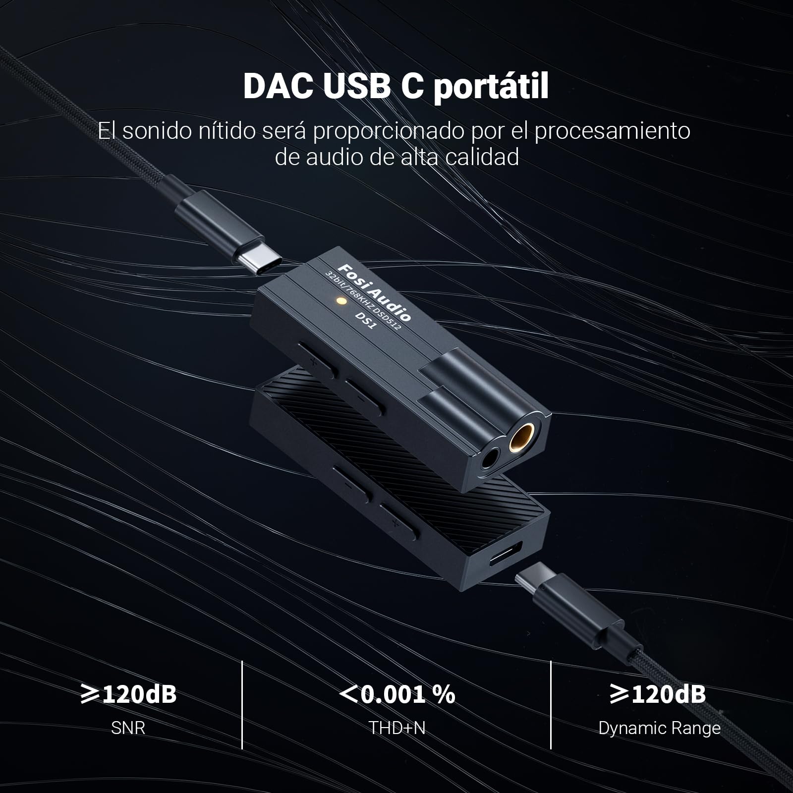 Fosi Audio DS1 DSD512 HiFi USB C DAC ES9038Q2M Mini Amplificador de Auriculares de Audio 32bit/768kHz con Salidas Duales de 3,5MM y 4,4MM Compatible con Smartphones/Portátiles/PC