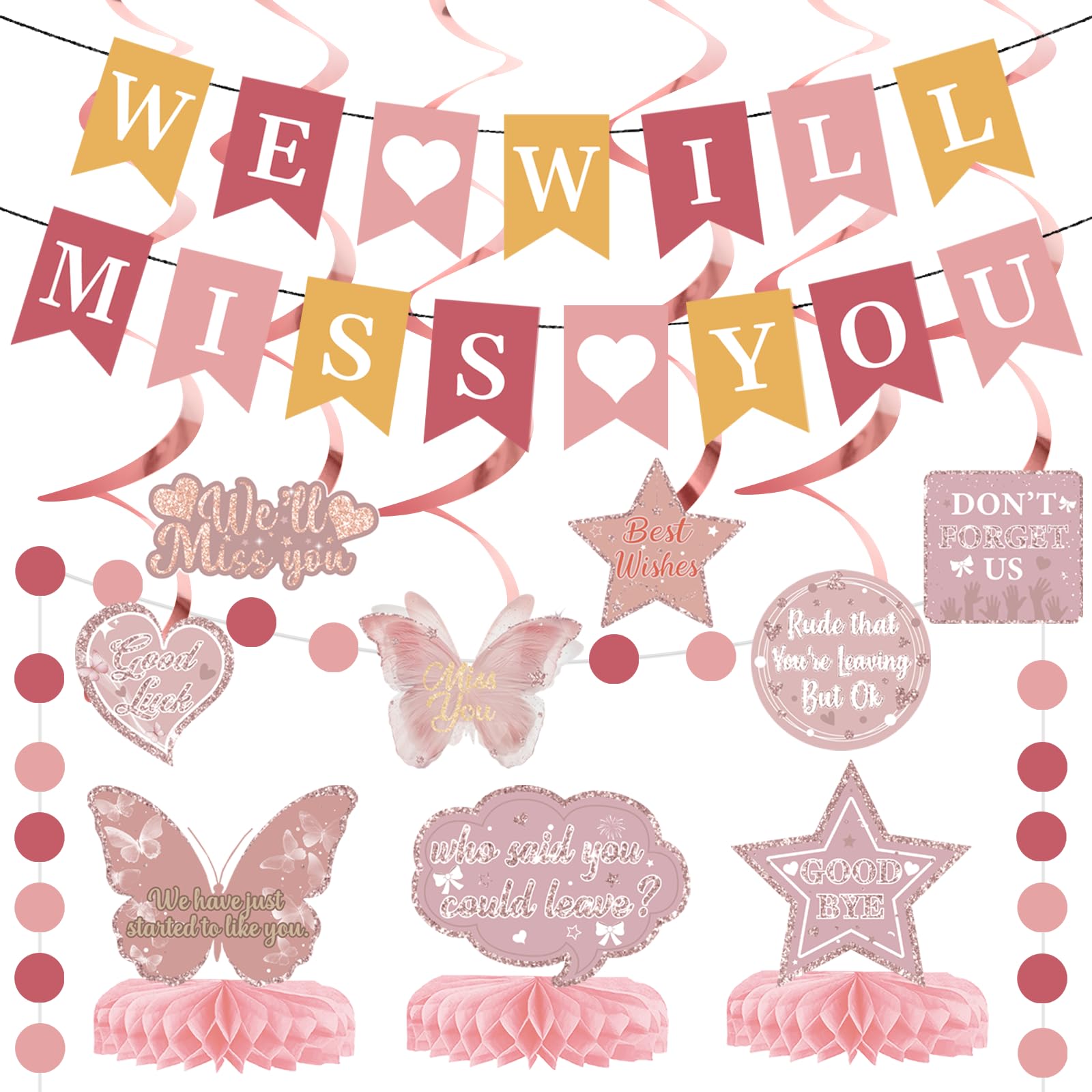 We Will Miss You Decorations: Blush Pink Going Away Party Decorations Farewell Decorations Party Include We Will Miss You Banner Hanging Swirls Centerpieces