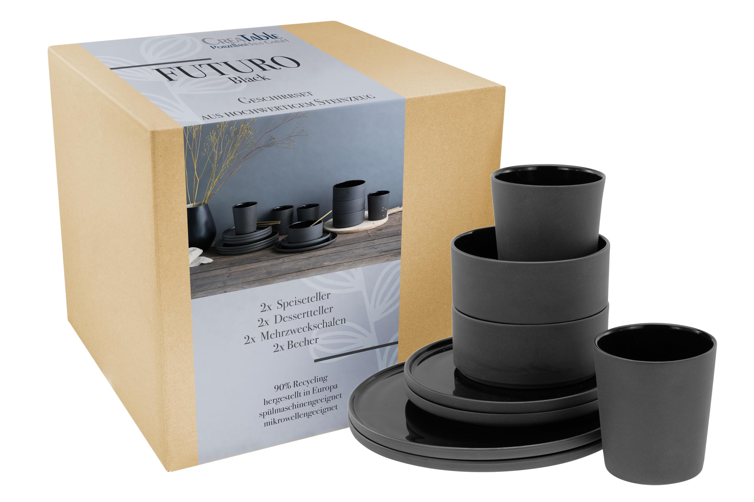 CreaTable, 21540, Série Futuro Black, service de vaisselle 8 pièces, service combiné en grès.