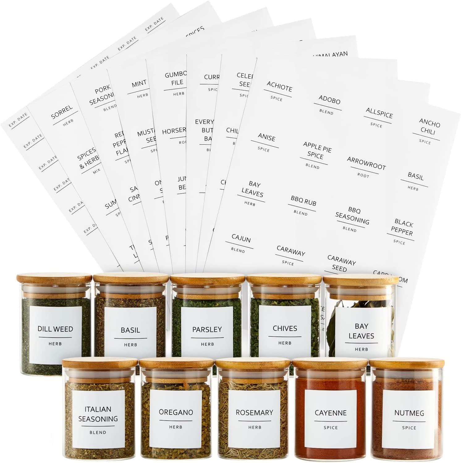 Premify 110 Spice Jar Labels | 72 Preprinted White Labels, 20 Empty Labels & 18 Date Labels | Water Resistant Spice Stickers Labels. Kitchen Seasoning, Herb & Spice Rack Organization