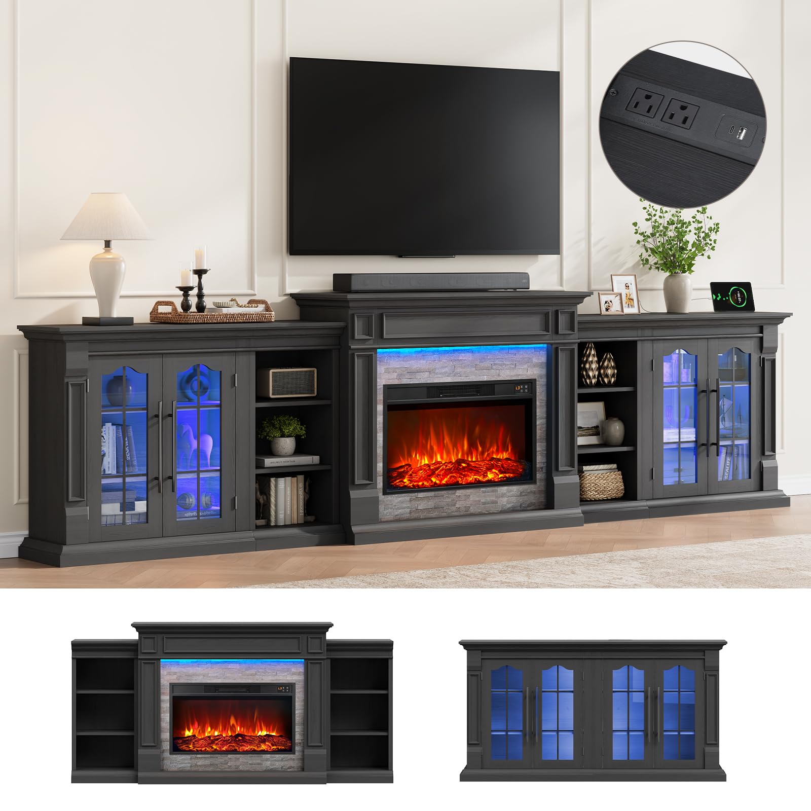LGHM 135" Fireplace TV Stand W/Outlet &amp; LED Strip, 4 in 1 Modular Design