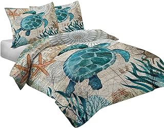 MUSOLEI Ocean Comforter Set Turtle Comforter Set, Sea Turtle Bedding Collections Soft for Teen Boys Turquoise Ocean Themed Mediterranean Style Printed Design Quilt Set Queen Size Comforterï¼ˆQueenï¼‰