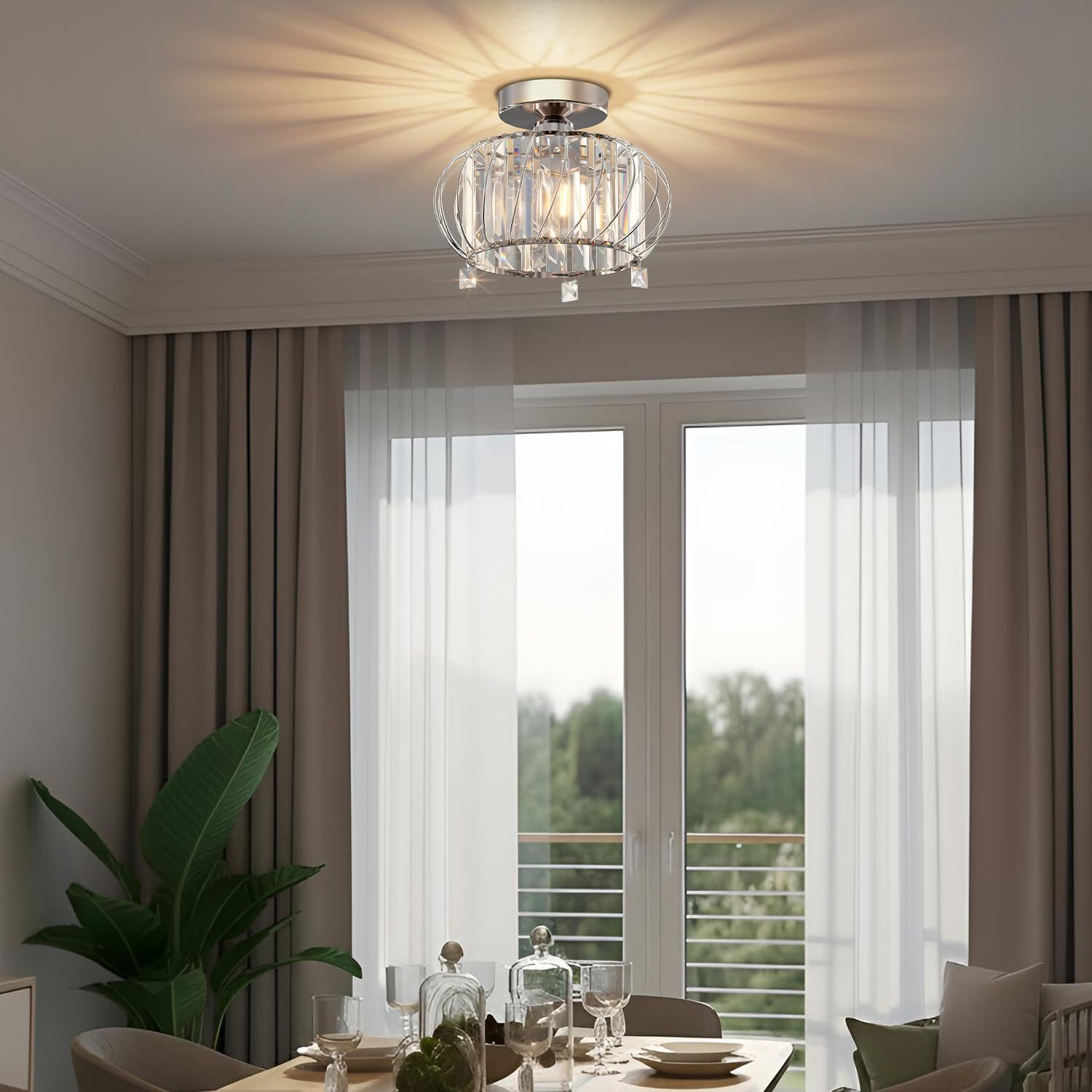 ANWIO Lustre en Cristal Moderne Argent, E27 Plafonnier Led Cuisine Ø280mm, Luminaires Intérieur pour Salon, Chambre, Salle à Manger