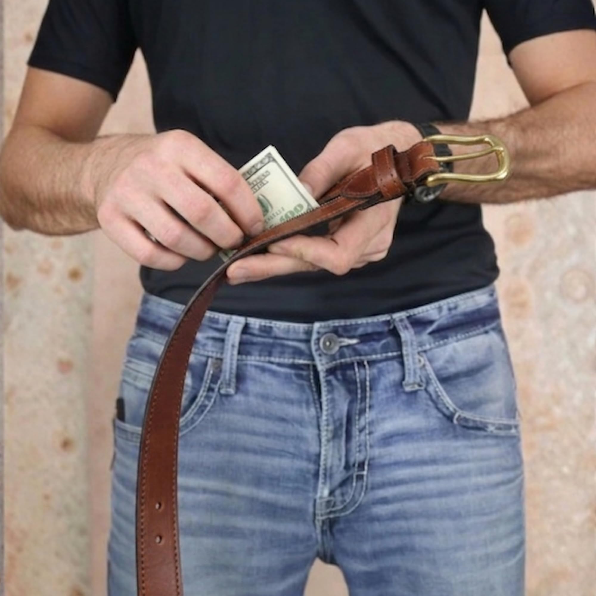 Versteckter Geldgürtel für Reisen für Herren, Echtledergürtel mit versteckter Reißverschlusstasche und geheimer Aufbewahrung, Braun, 56" (Waist 54), Modern
