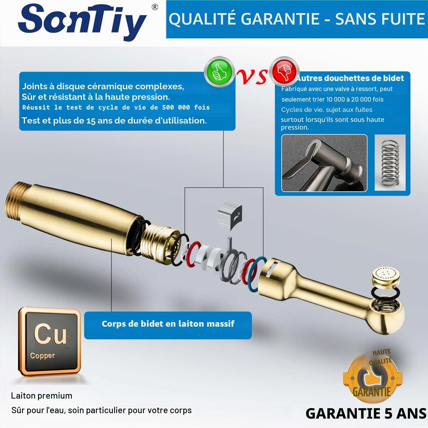 Tout métal Kit de douchette de bidet SonTiy - Pour toilettes, salle de bain, Avec pression et support réglables -chromé - Robinetterie pour WC, hygiène personnelle et nettoyage des couches