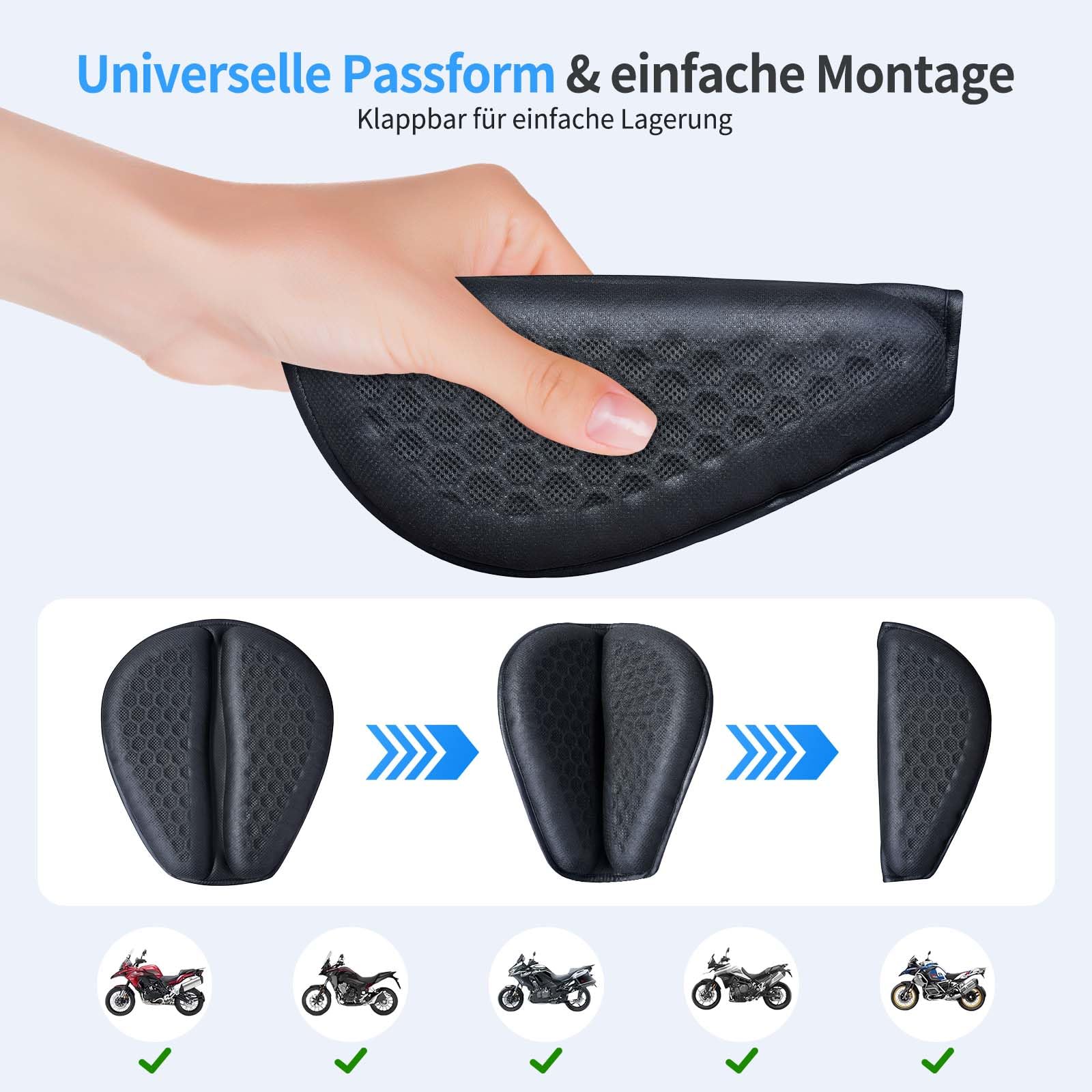 Faltbares Motorrad Gel Sitzkissen, Universelle Sitzbezug Struktur Atmungsaktive Stoßdämpfung reduziert Motorrad Gel Sitzpolster für Lange Fahrten