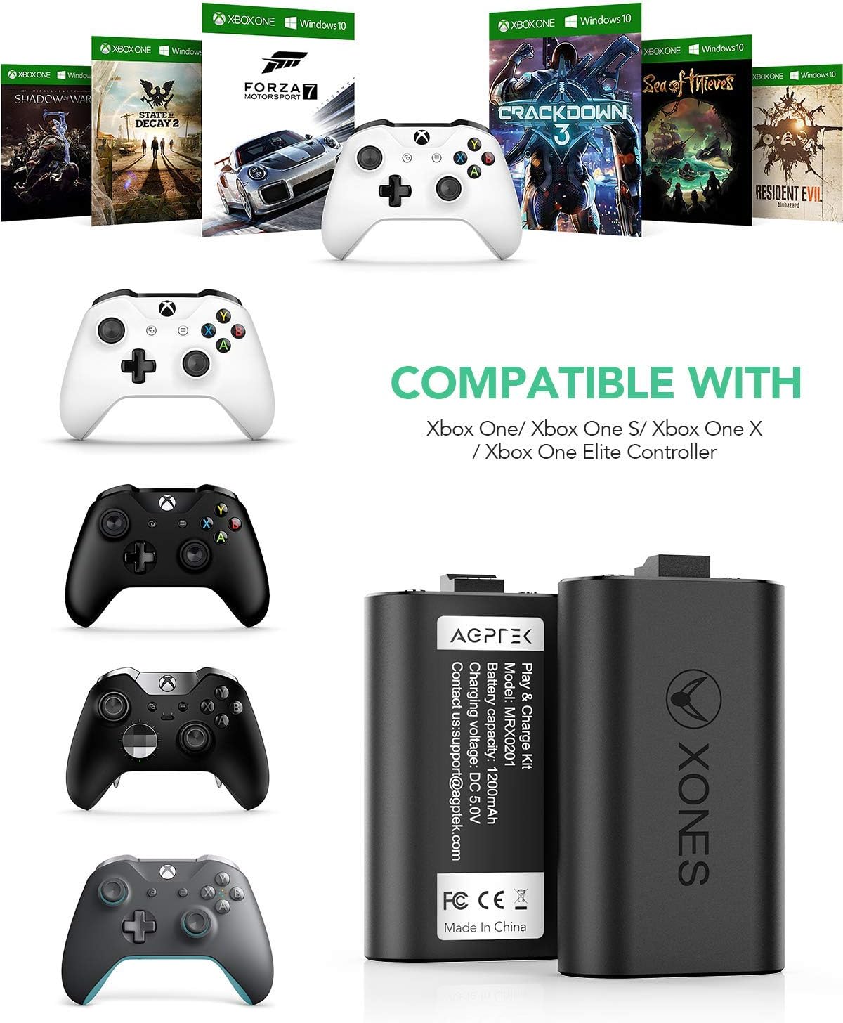 Rechargeable Battery Pack for Xbox One Controller, 2Pack 1200mAh Long Battery Life Lithium-ion Battery Replacement with Charging Status LED for Xbox One/Xbox Ones/Xbox X Wireless Controller