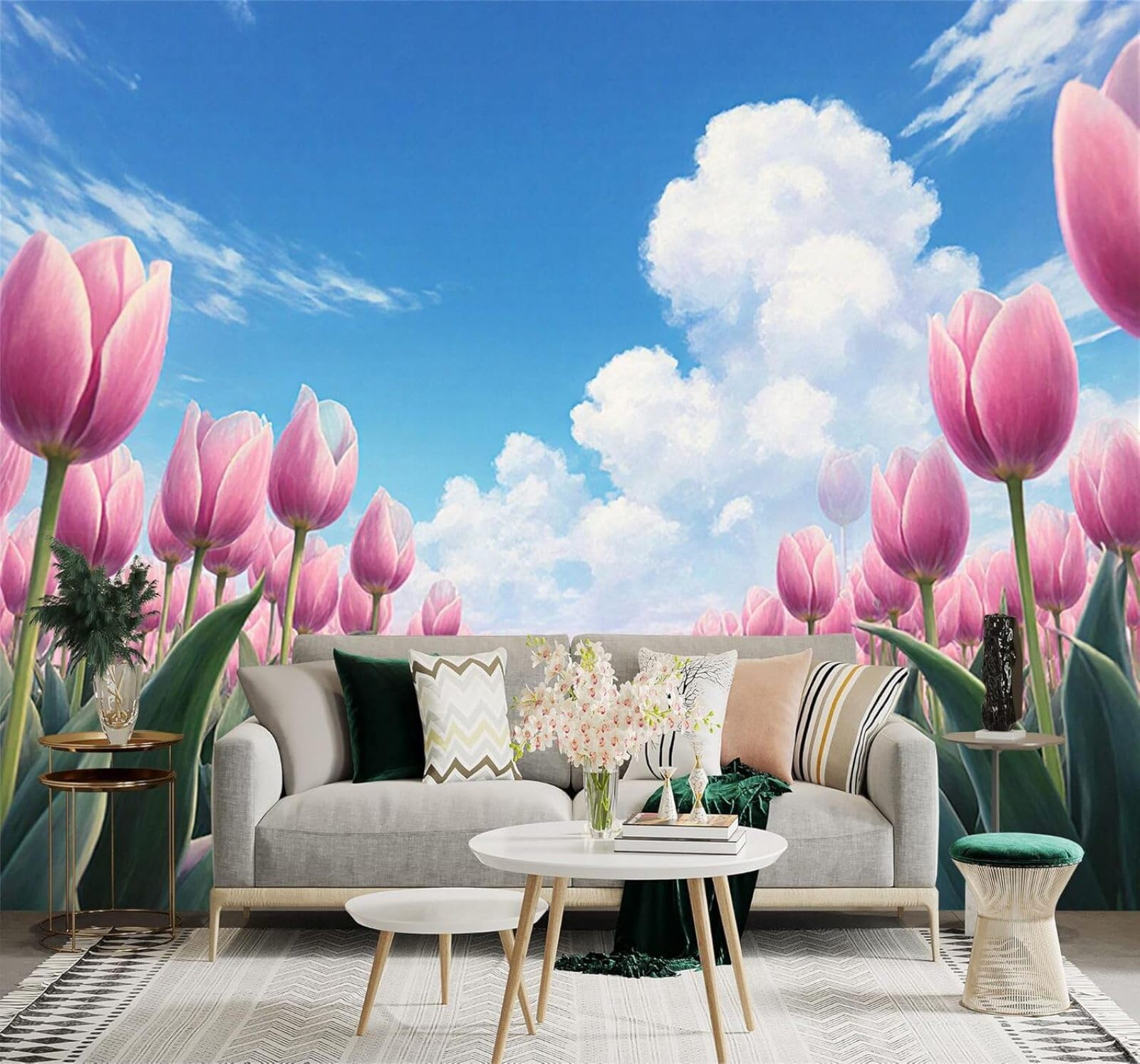 Xlming 350Cm×256Cm(B×H) Pink Tulips Fields Blue Sky White Clouds 3D Wallpaper Silky Texture Home Study Office Grey Dining Room Sofa Bedroom Living Room Tv Backdrop-350Cm×256Cm
