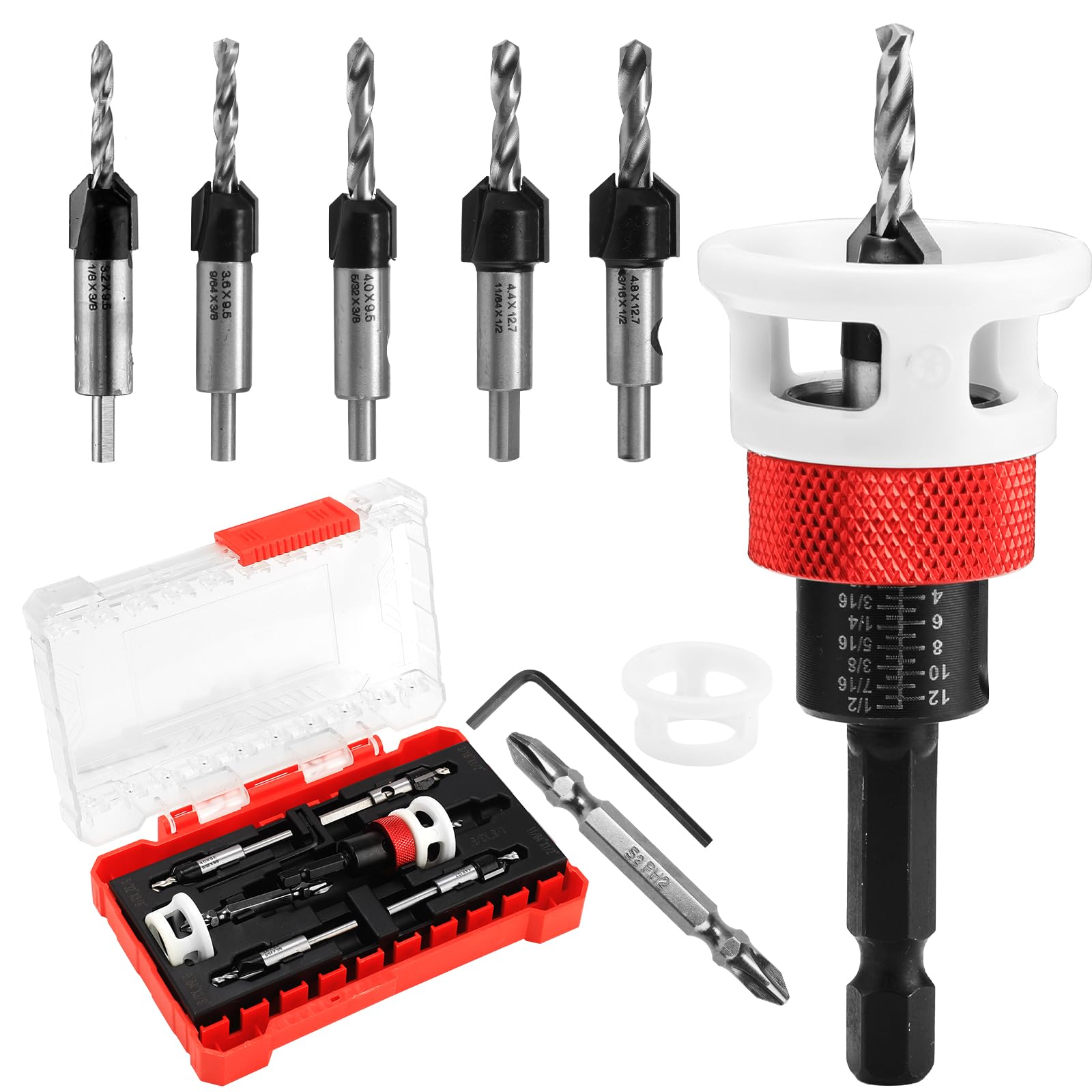 Countersink Drill Bit Set - 7Pcs with Low Friction Depth Stop, HSS M2 Tapered Drill Bits, 1/4" Hex Shank, 82° Counterbore for Woodworking, Includes Wrench & Extra Stopper