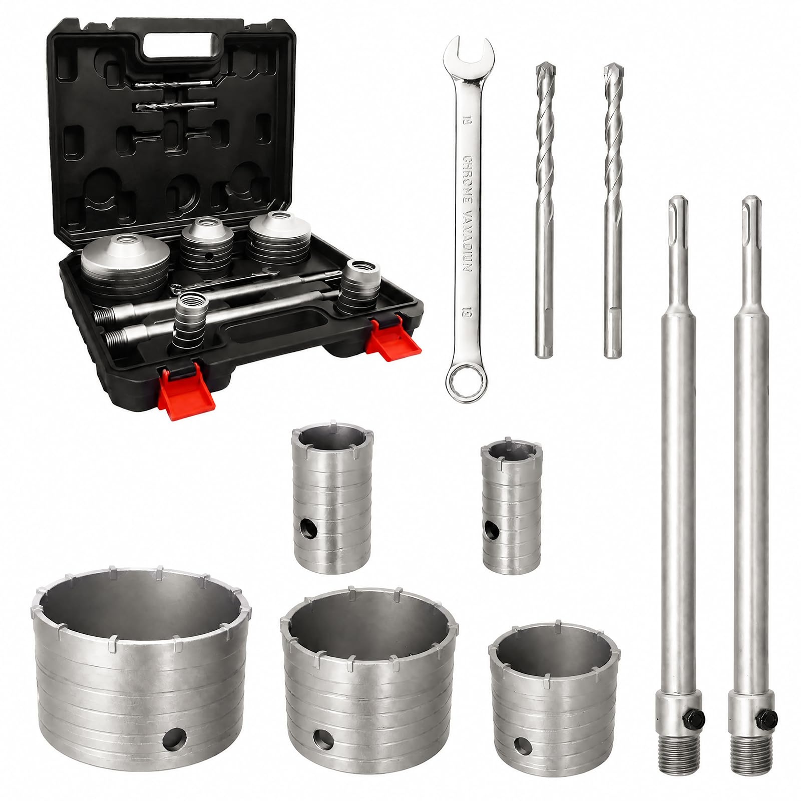 Sega a Tazza Set per Calcestruzzo e Muratura, Carotatrice a Tazza per Muro 30 40 65 80 100 mm, Fresa a Tazza per Muro, Set di Trapani con Adattatore SDS, Punta Centraggio