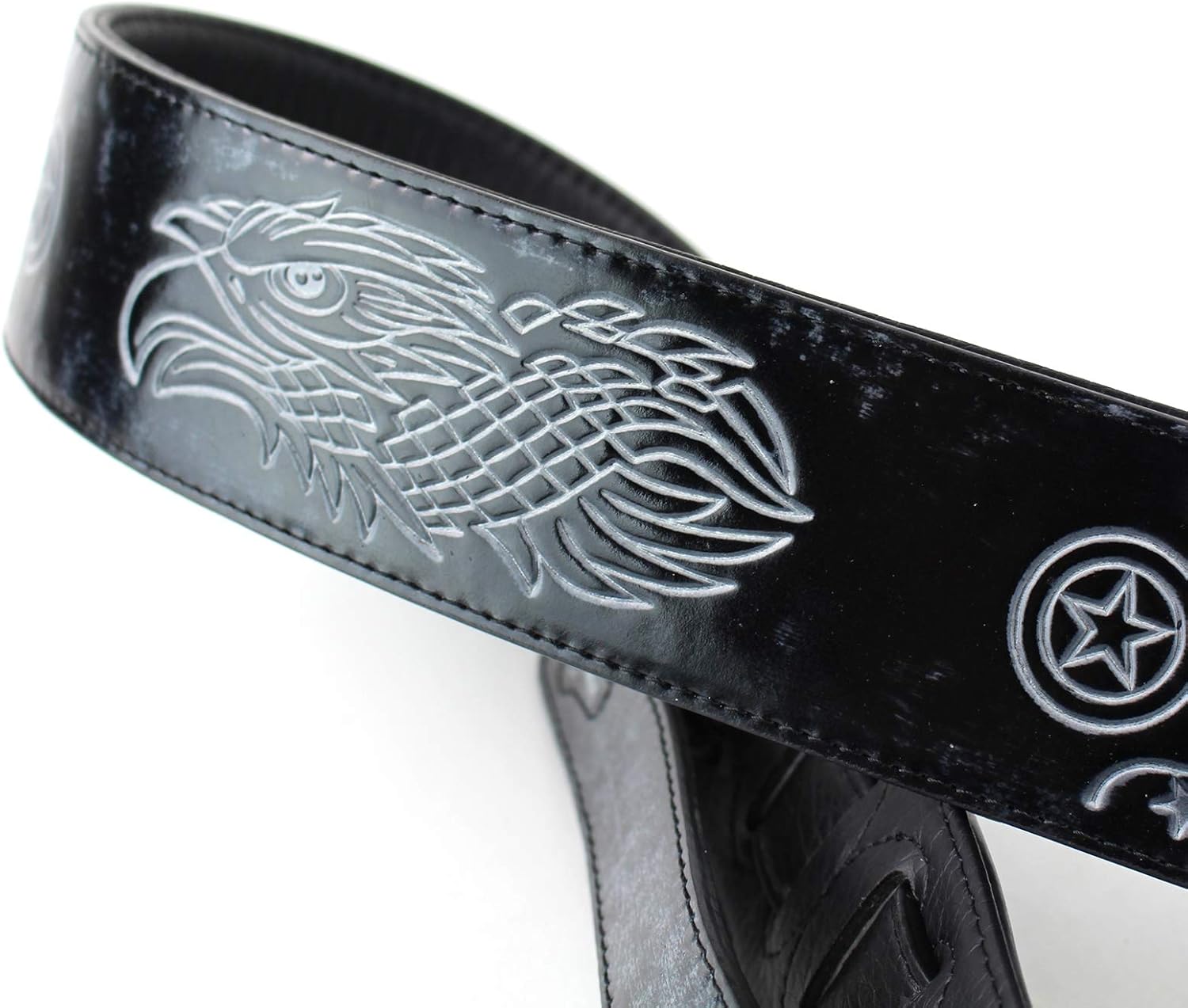 Walker & Williams GB-192 Cobalt Black Padded Guitar Strap With Racing Eagle & Texas Stars For Acoustic, Electric, And Bass Guitars