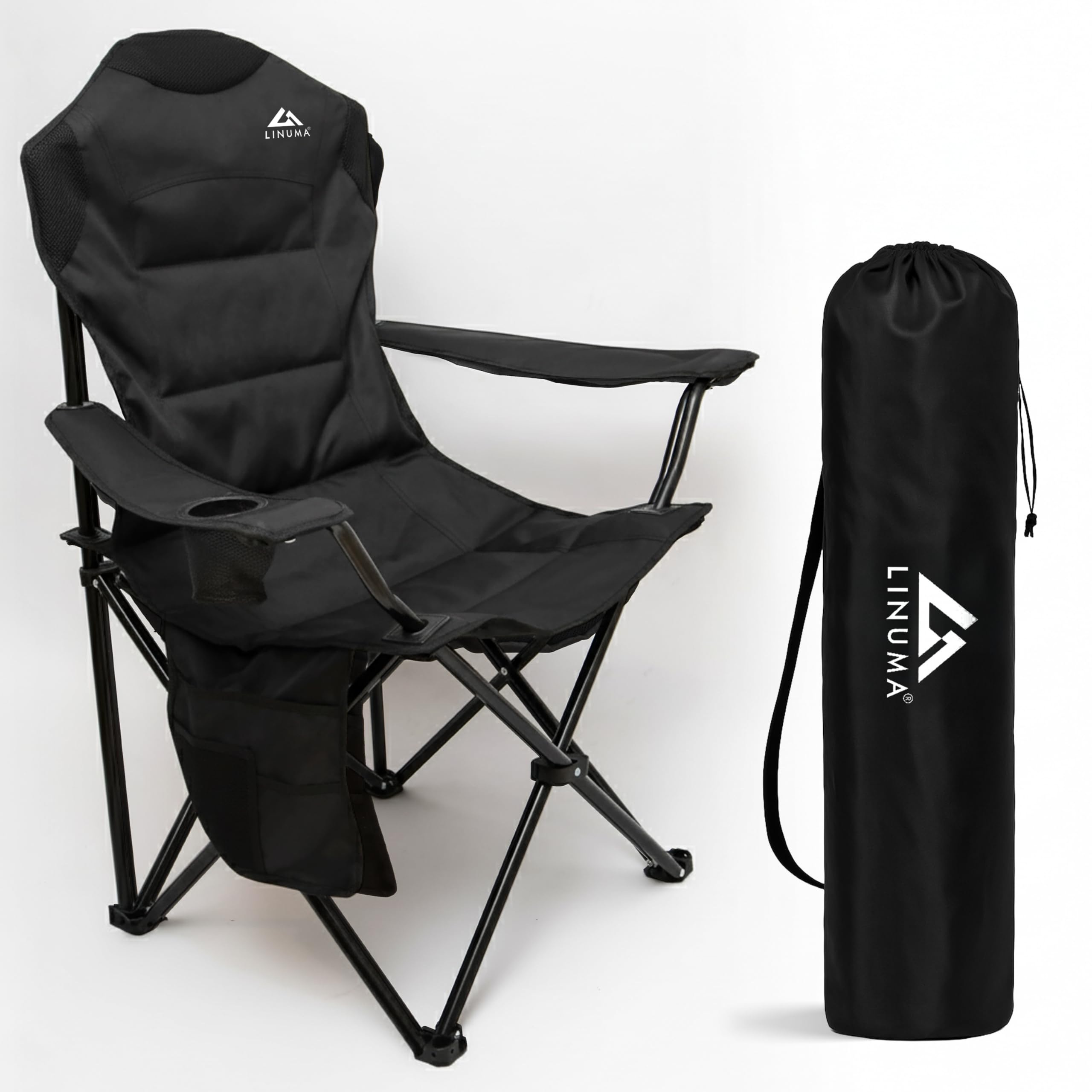 Silla de Camping de Lujo Plegable Color Negro con Soporte para Bebidas y Bolsa de Transporte – Silla Resistente y cómoda de Aluminio para Camping, Pesca, jardín y Playa