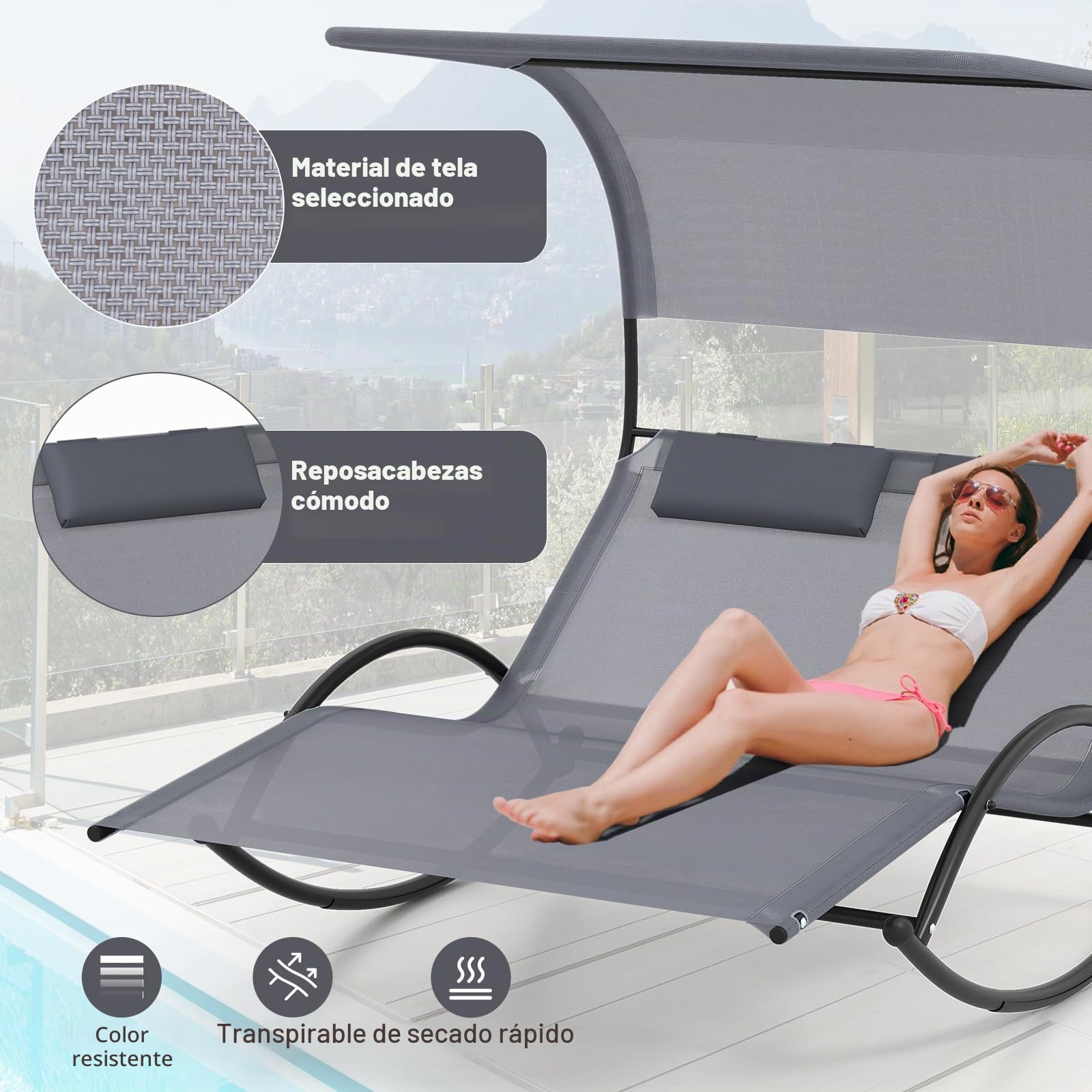 KOMFOTTEU Tumbona Doble de Jardín para 2 Personas, Tumbona Mecedora con Toldo y 2 Reposacabezas, Hamaca Basculante de Textilene, Chaise Lounge para Terraza, Piscina, Baño de Sol (Gris)