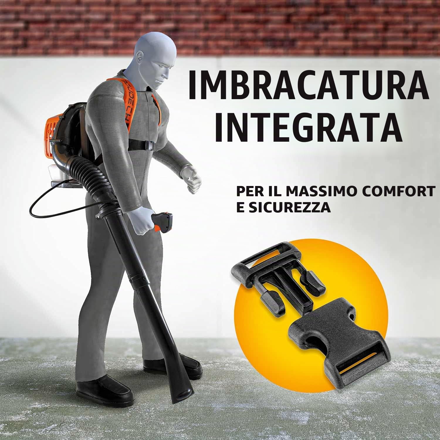 BOUDECH Soffiatore a Zaino 2 Tempi 52cc 1.5Kw Semi-Professionale con schienale ergonomico con tracolle imbottite e molle antivibranti Max-Comfort e velocità di soffiaggio foglie fino a 280Km/h