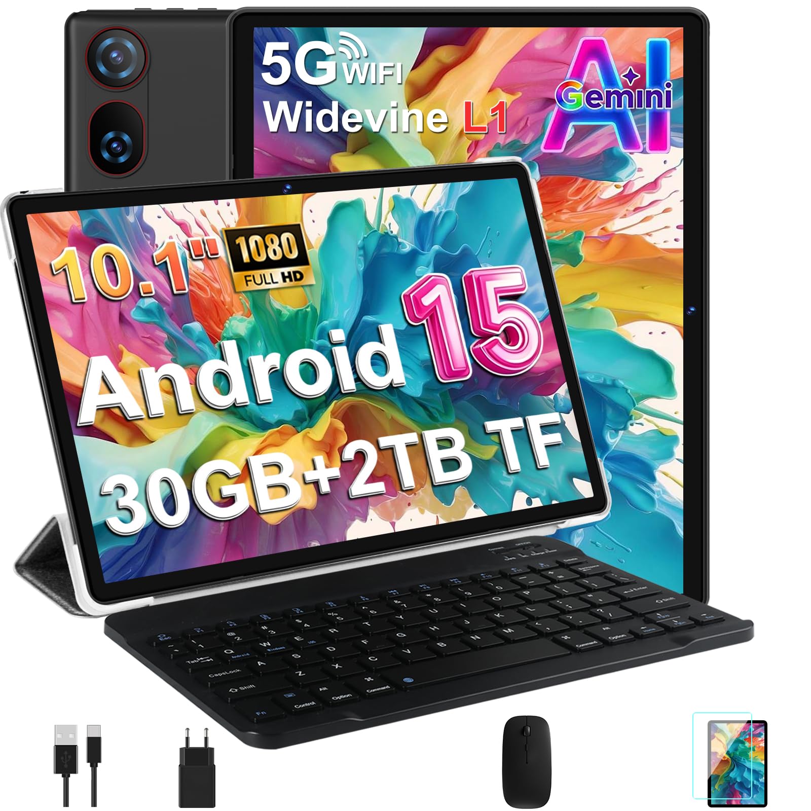 DMOAO Tablet 10 Zoll Android 15 mit Tastatur, Gemini AI, 30GB RAM + 64GB ROM (2TB Erweiterung), 5G WLAN, Widevine L1, Octa-Core, GPS, Face ID, FHD IPS, 6000mAh, USB, Schwarz