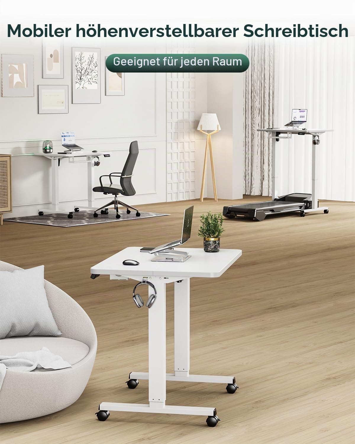 Höhenverstellbarer Schreibtisch 80 x 60 cm, Schreibtisch Höhenverstellbar Elektrisch für Home & Office, 2-teilige Tischplatte, Weiß