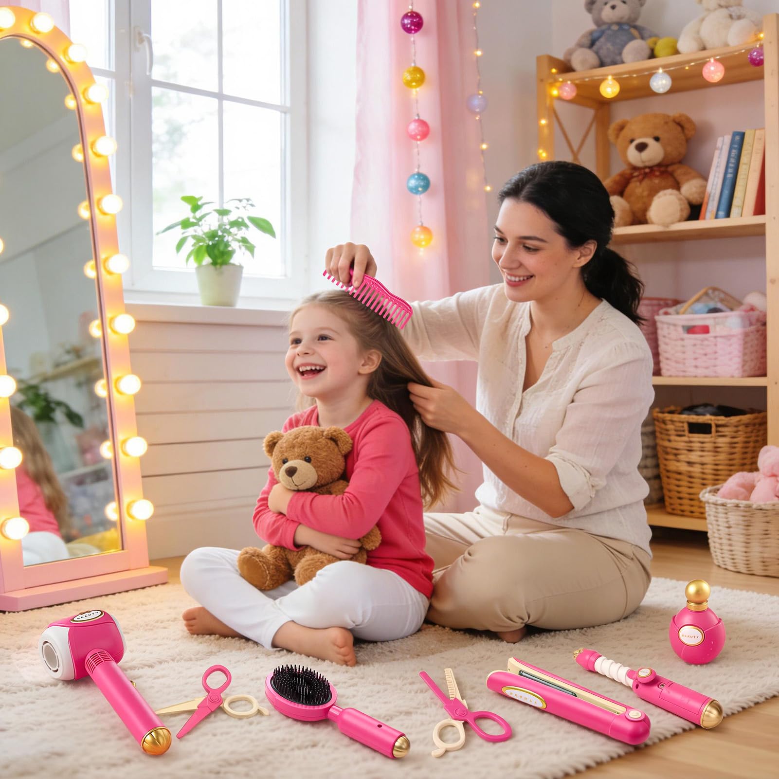 Friseur Set Kinder Spielzeug Geschenke für Mädchen 3-6 Jahre, Friseurkoffer Haarstyling Zubehör mit Haartrockner Lockenstab Schere Kamm Haarschmuck Rollenspiel Spielzeug für Mädchen ab 3 4 5 6 7 8