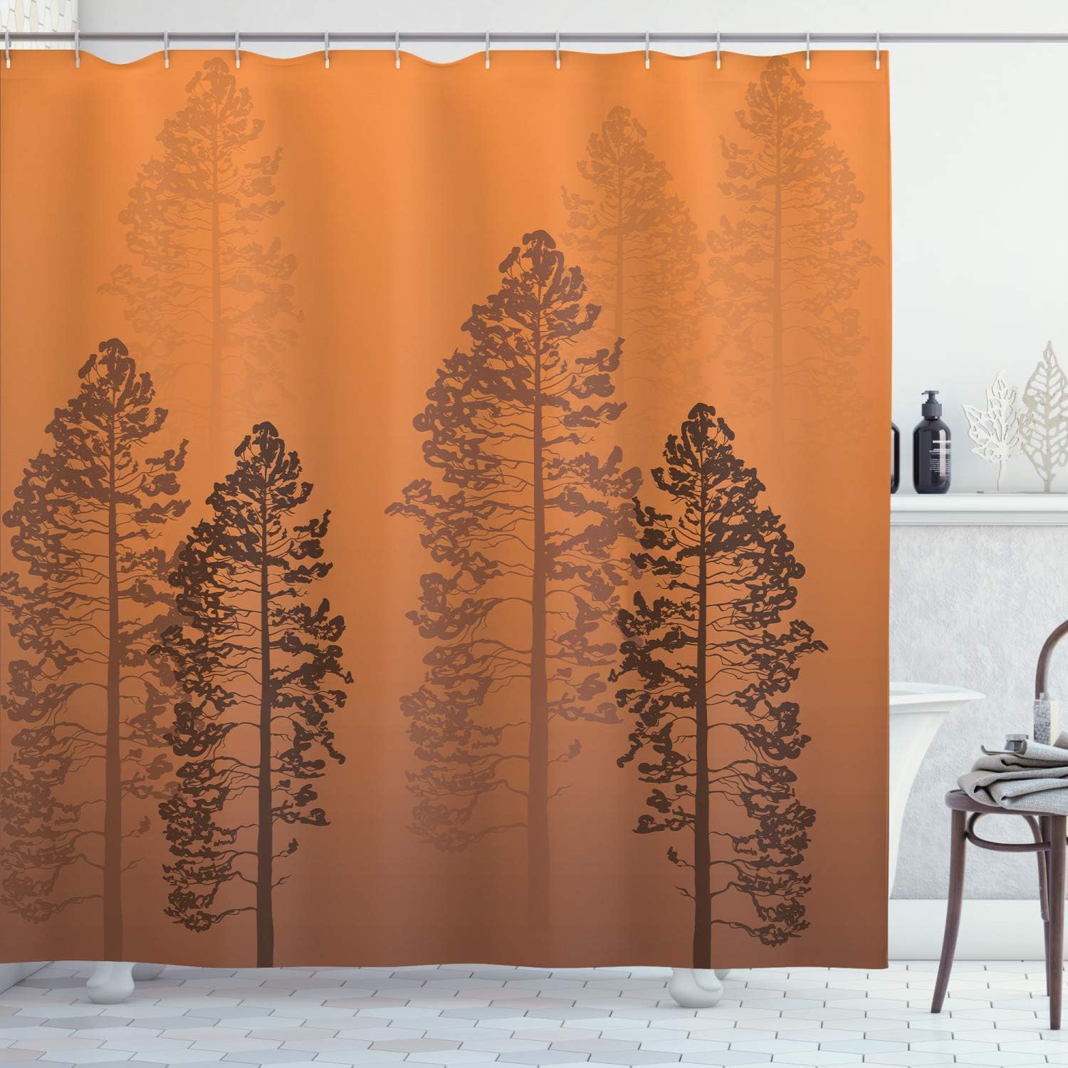 Ambesonne Country Shower Curtain, Pine Trees in The Forest on Foggy Seem Ombre Backdrop Wildlife Adventure Artwork, Cloth Fabric Bathroom Decor Set with Hooks, 69" W x 84" L, Orange Burnt