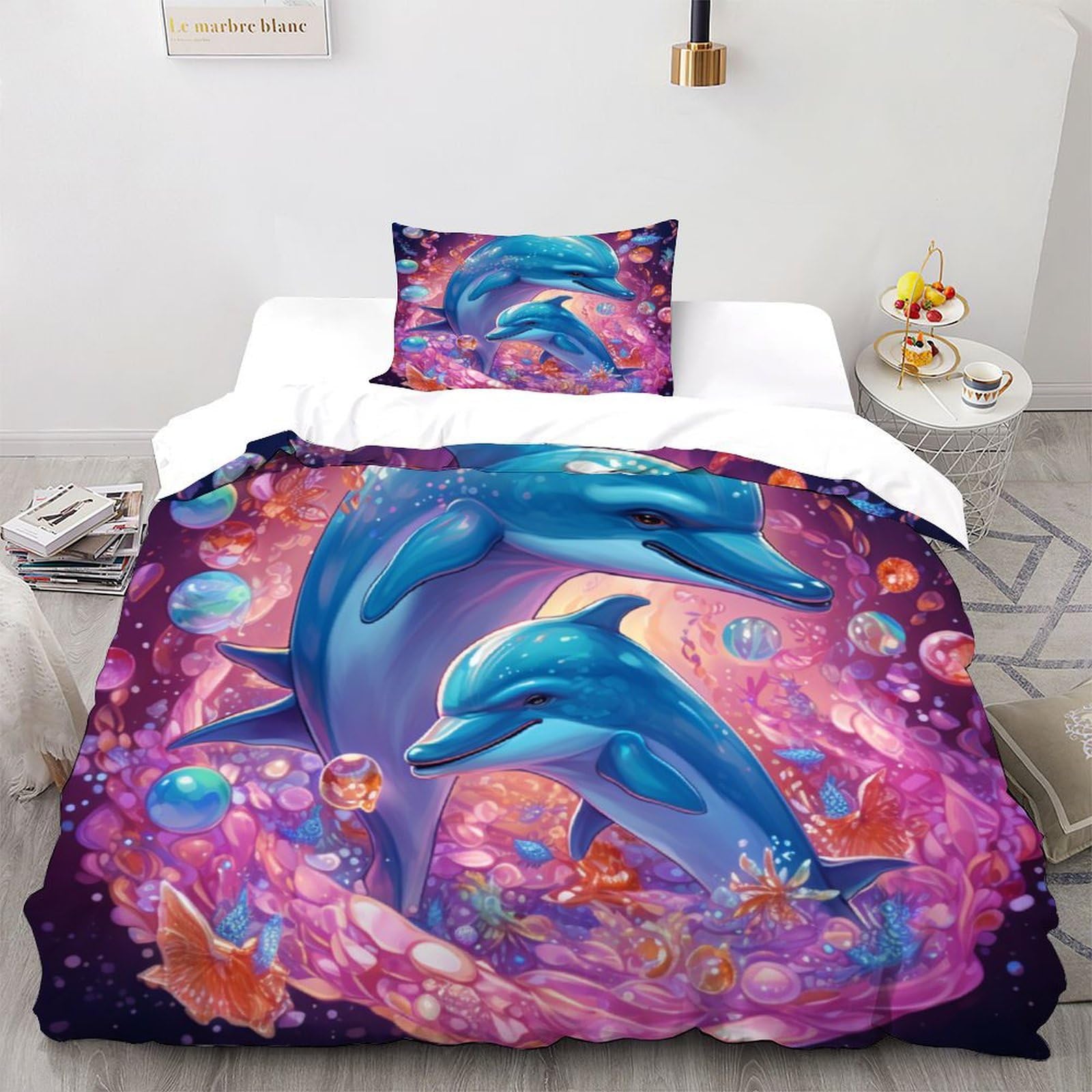 Parure de lit dauphins imprimé housse de couette microfibre douce lit 1 place
