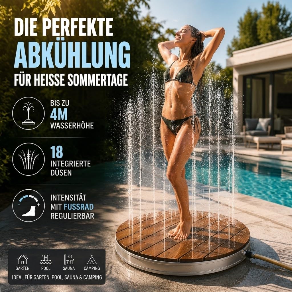 poolomio® Bodendusche Outdoor Ø 74 cm - Gartendusche WPC, 18 Fontänen, 4m | Außendusche/Outdoor Dusche für Garten, Pool & Terrasse, Anschluss an 3/4-Zoll-Gartenschlauch, Fuß-Stellrad, mobil, wetterfest