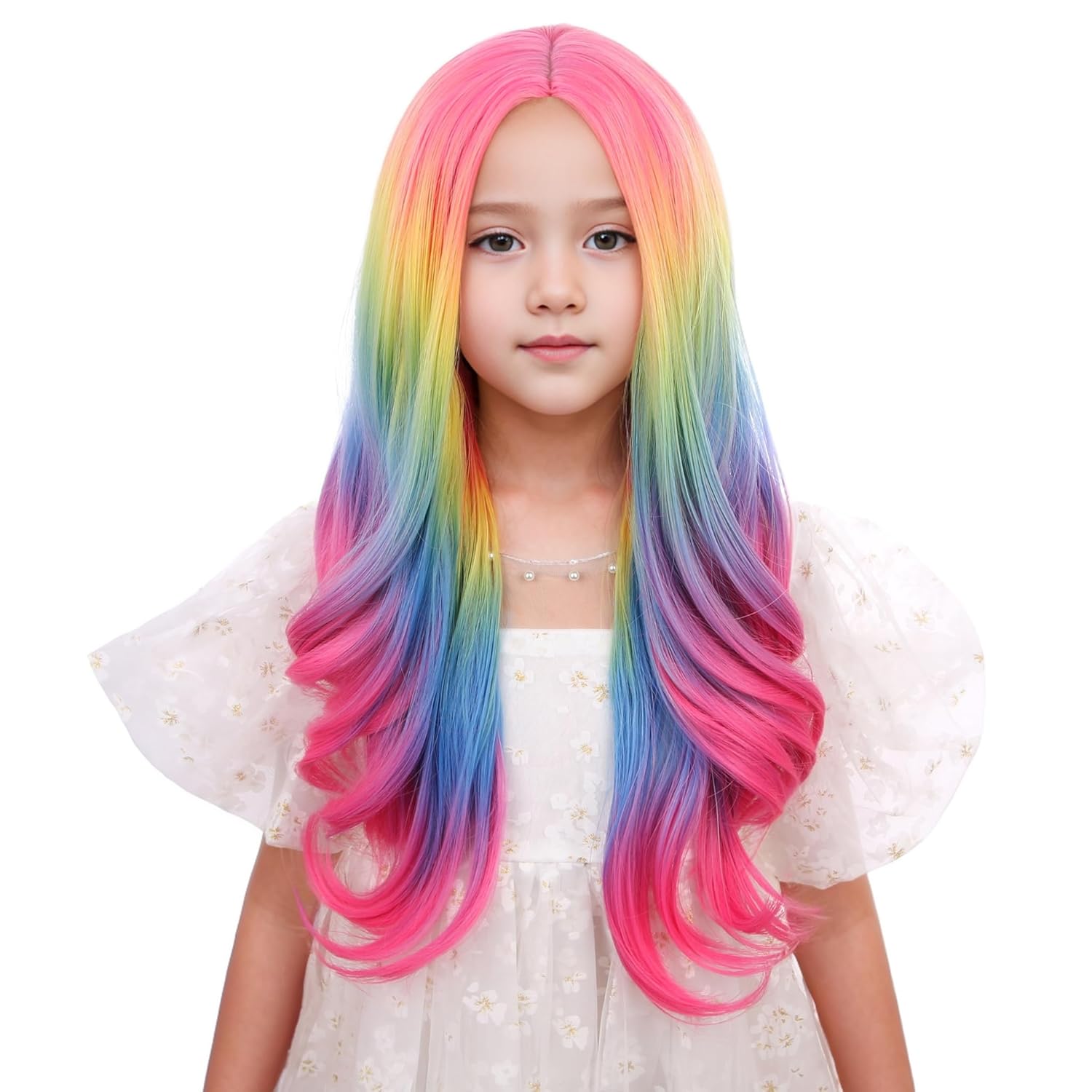 Kids Rainbow Long Wavy Wig - Pastel Colorful Wig for Girls - Cosplay & Halloween - Hairnet Included