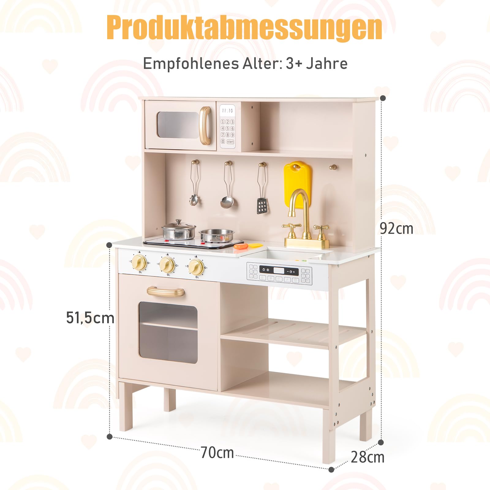 DREAMADE Kinderküche aus Holz, Spielküche mit Geräuschen & Lichtern, höhenverstellbare Holzküche mit Ofen, Mikrowelle, Herdplatte, Spüle & Zubehör, Spielzeugküche mit Stauraum für Kinder ab 3 Jahren