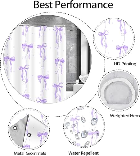 Miniatura 4 de Cortina de ducha con lazo morado, accesorios de decoración de baño, coqueta, bonita cortina de ducha estética femenina con ganchos, 72 x 72 pulgadas