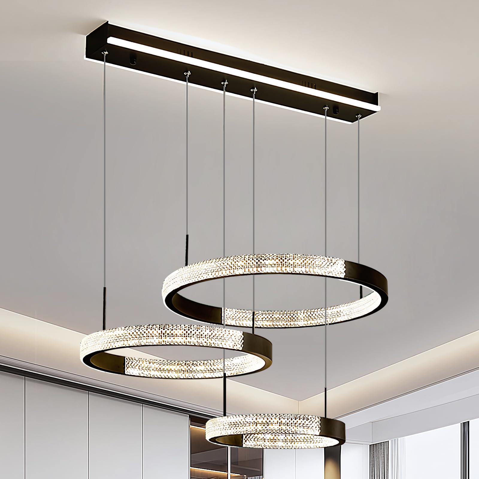 YATAI LED Chandelier Dining Room, Modern Black 3 Circle Ring Acrylic Chandelier Lamp, Dimmable Adjustable Height Chandelier Light for Kitchen Island Table,67W,3000-6000K