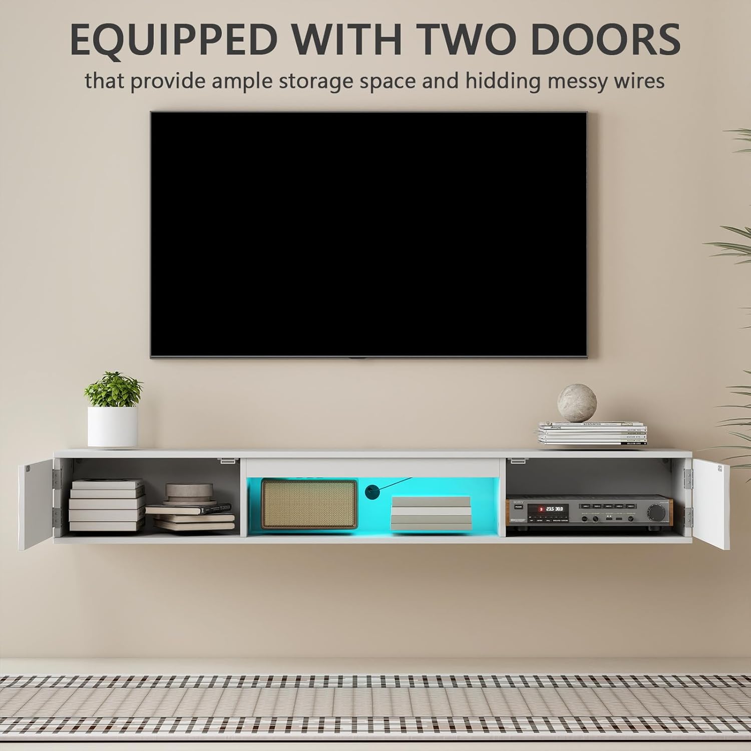 63'' Floating TV Stand with LED Light, Wall Mounted TV Console Shelf with 2 Doors and 1 Open Shelf, Entertainment Center Media Console for 75 Inch TV (White_1) - Image 6