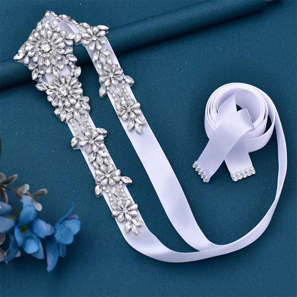 Cinturón largo de boda con diamantes de imitación plateados, accesorio para vestido de noche, cinturón de lazo para el día de San Valentín