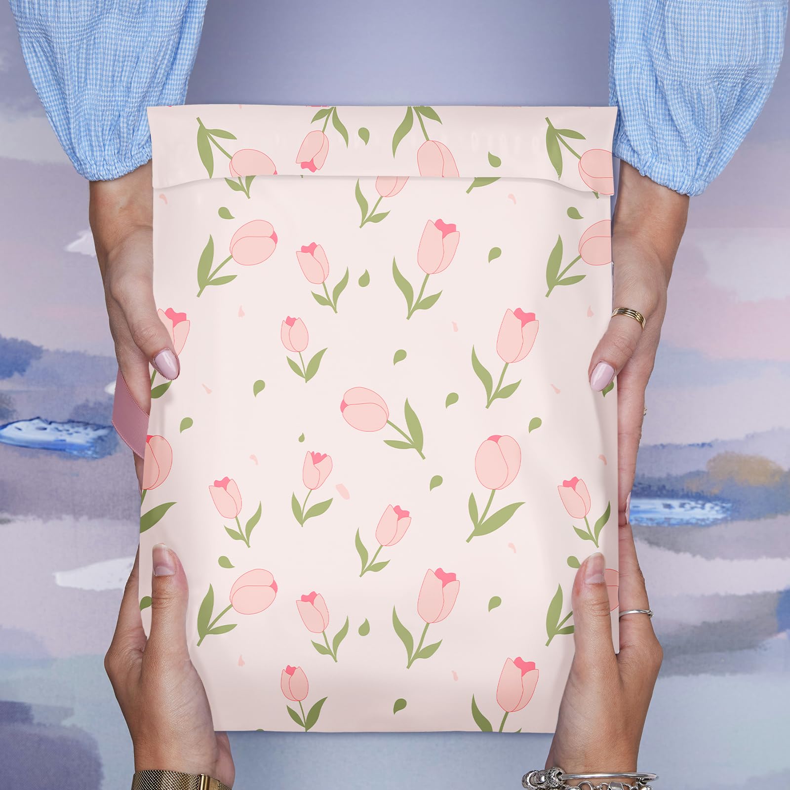 KKBESTPACK Lot de 100 enveloppes en polyéthylène à motif de tulipes roses, 36,5 x 48,3 cm, imperméables et résistantes aux déchirures pour fournitures d'emballage de petites entreprises